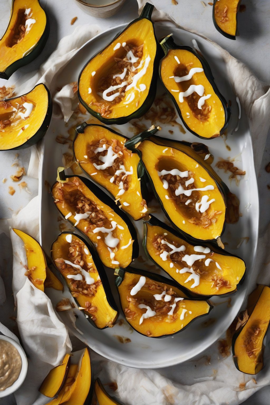 A high-resolution photo of curry-roasted acorn squash wedges drizzled with coconut sauce under soft lighting.