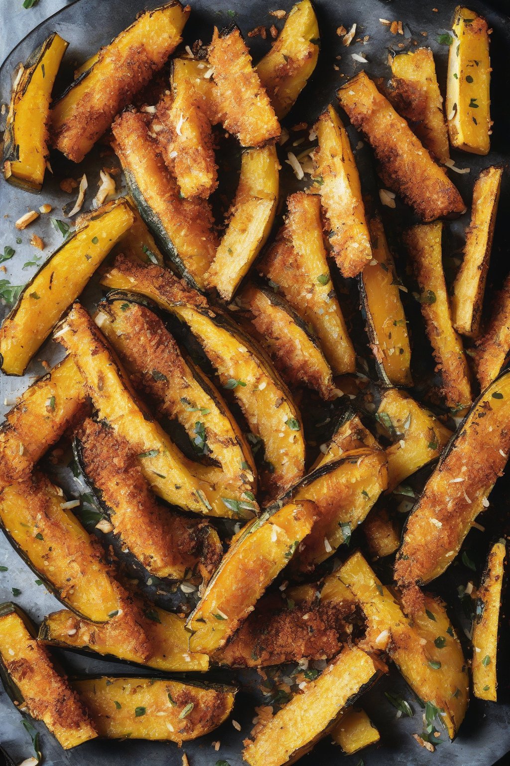 A high-resolution photo of parmesan-crusted roasted acorn squash fries piled high under soft lighting.