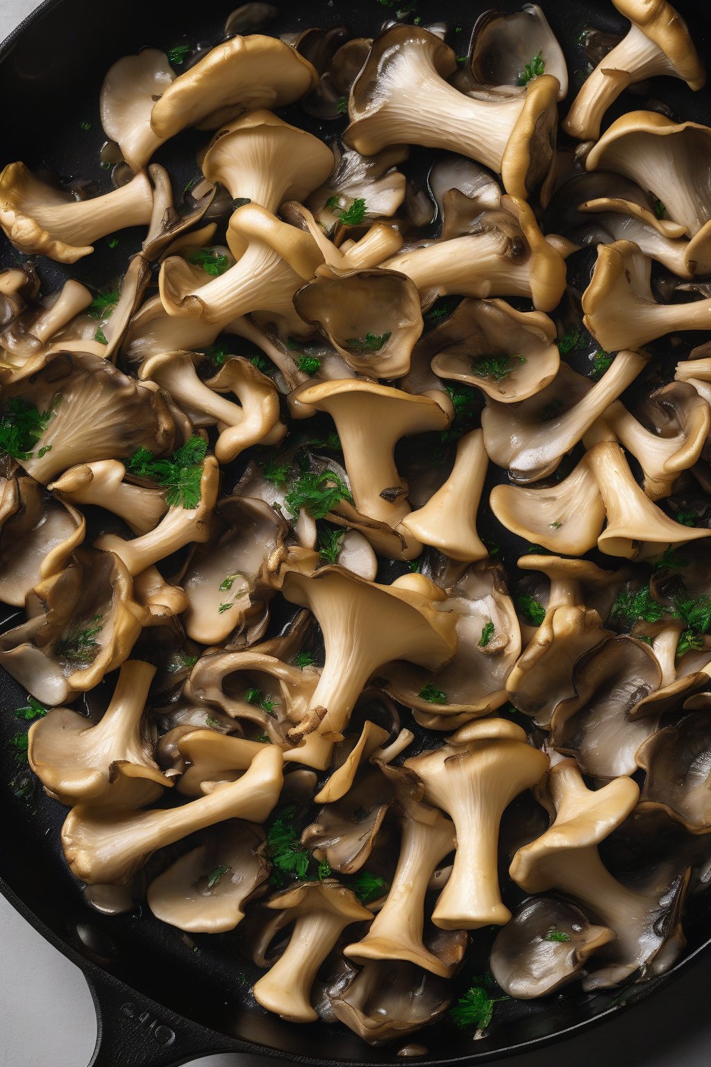 A high-resolution photo of golden sauteed oyster mushrooms with garlic and herbs in a cast-iron skillet under soft lighting.