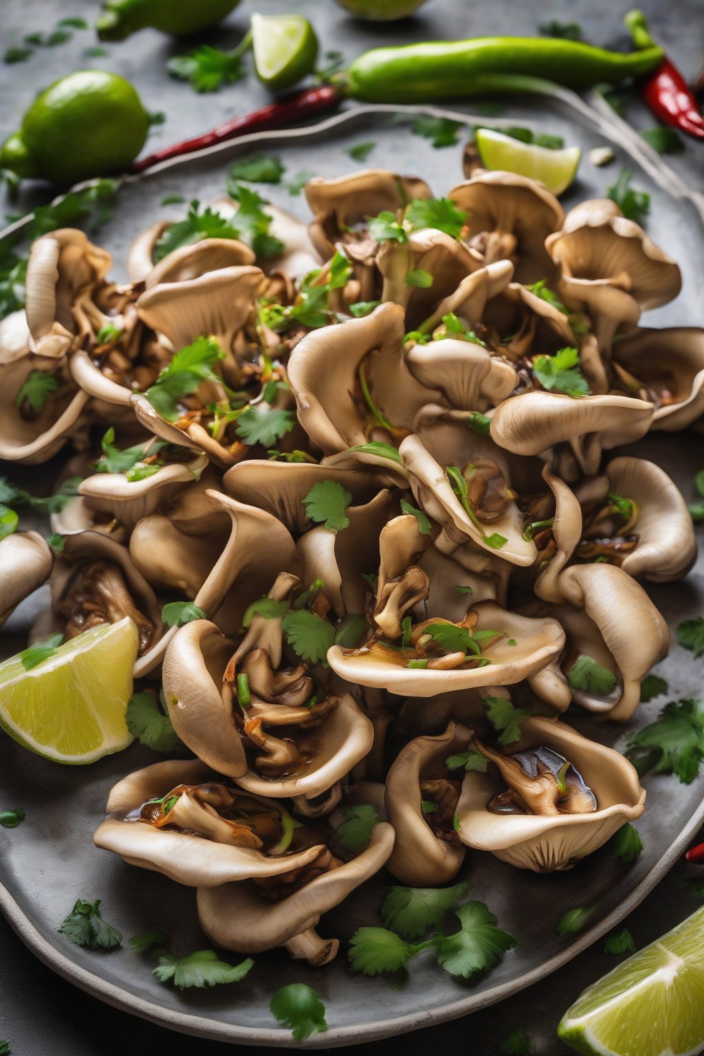 A high-resolution photo of vibrant spicy chili lime sauteed oyster mushrooms garnished with lime wedges under soft lighting.