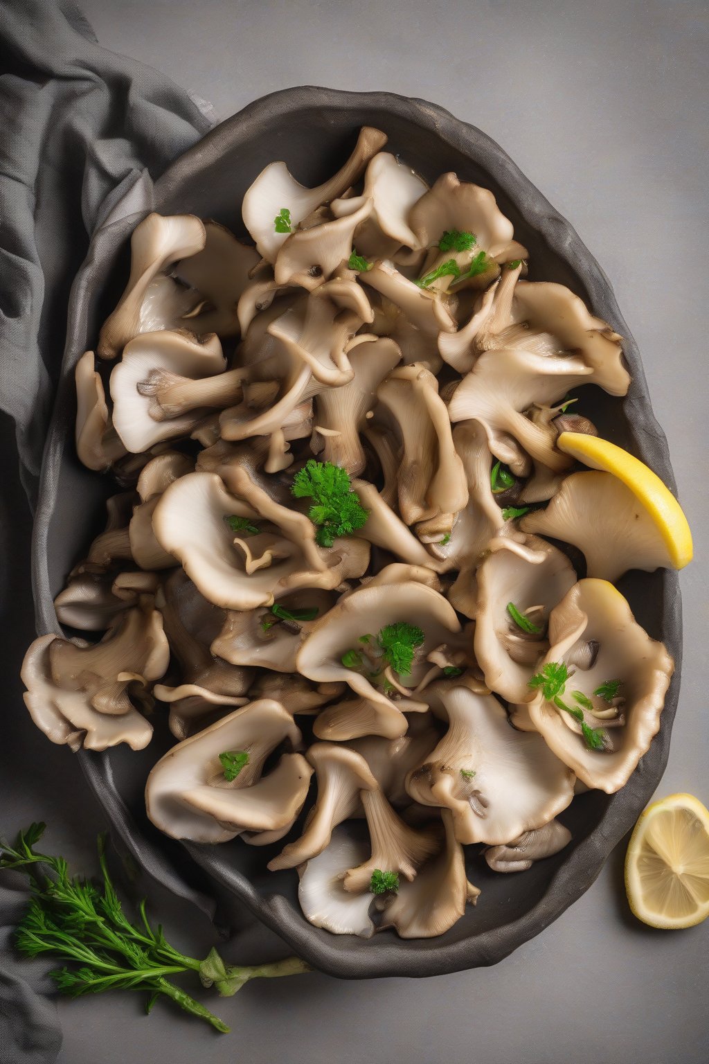 A high-resolution photo of aromatic lemon ginger sauteed oyster mushrooms with fresh ginger slices under soft lighting.