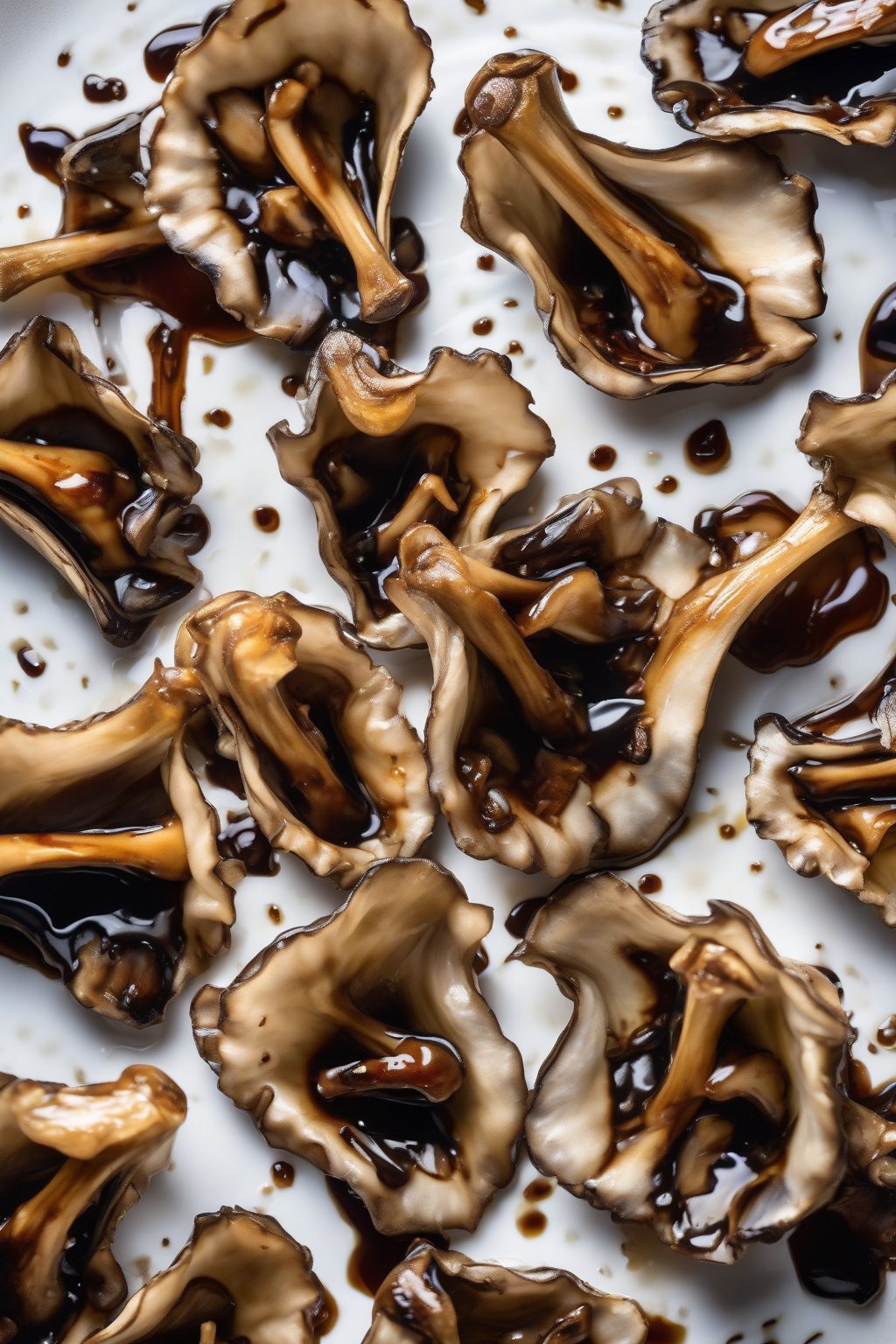 A high-resolution photo of glossy balsamic glazed sauteed oyster mushrooms drizzled with syrupy sauce under soft lighting.