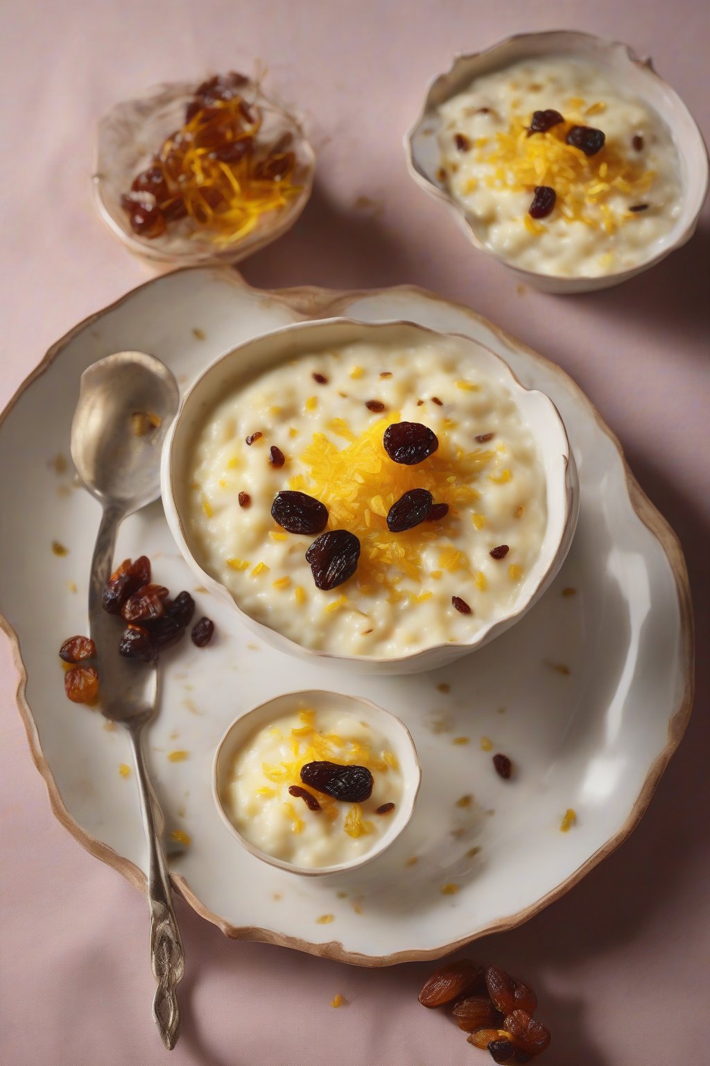 A high-resolution photo of cardamom rice pudding garnished with raisins and saffron, glowing under soft lighting.
