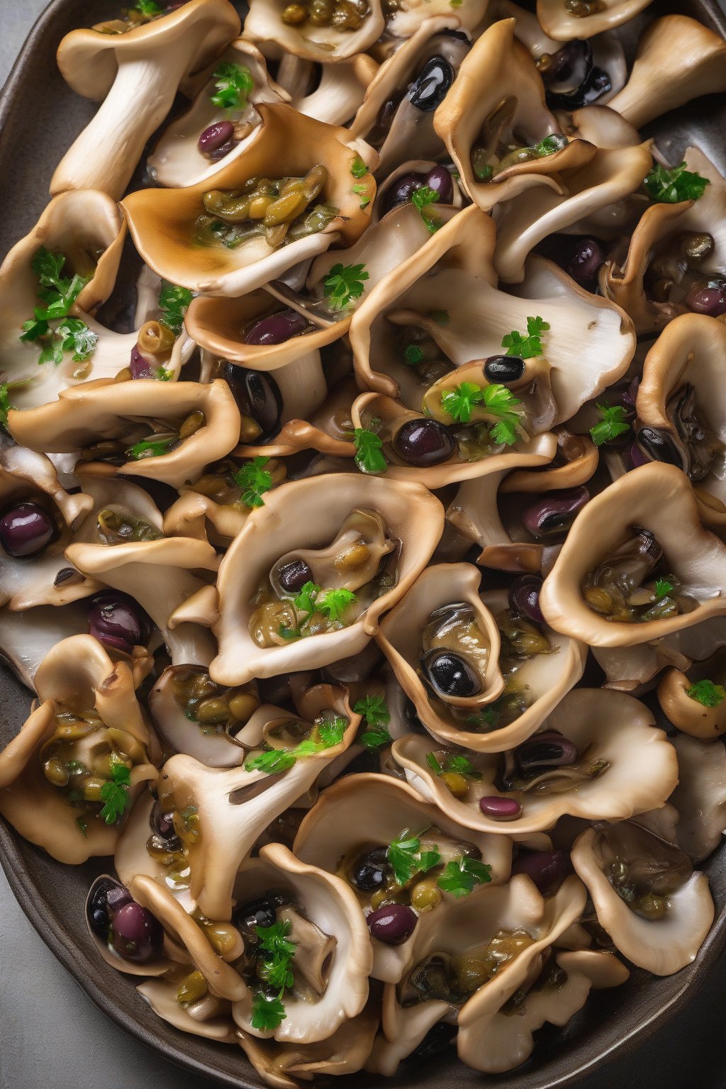 A high-resolution photo of colorful Mediterranean sauteed oyster mushrooms with olives and capers under soft lighting.