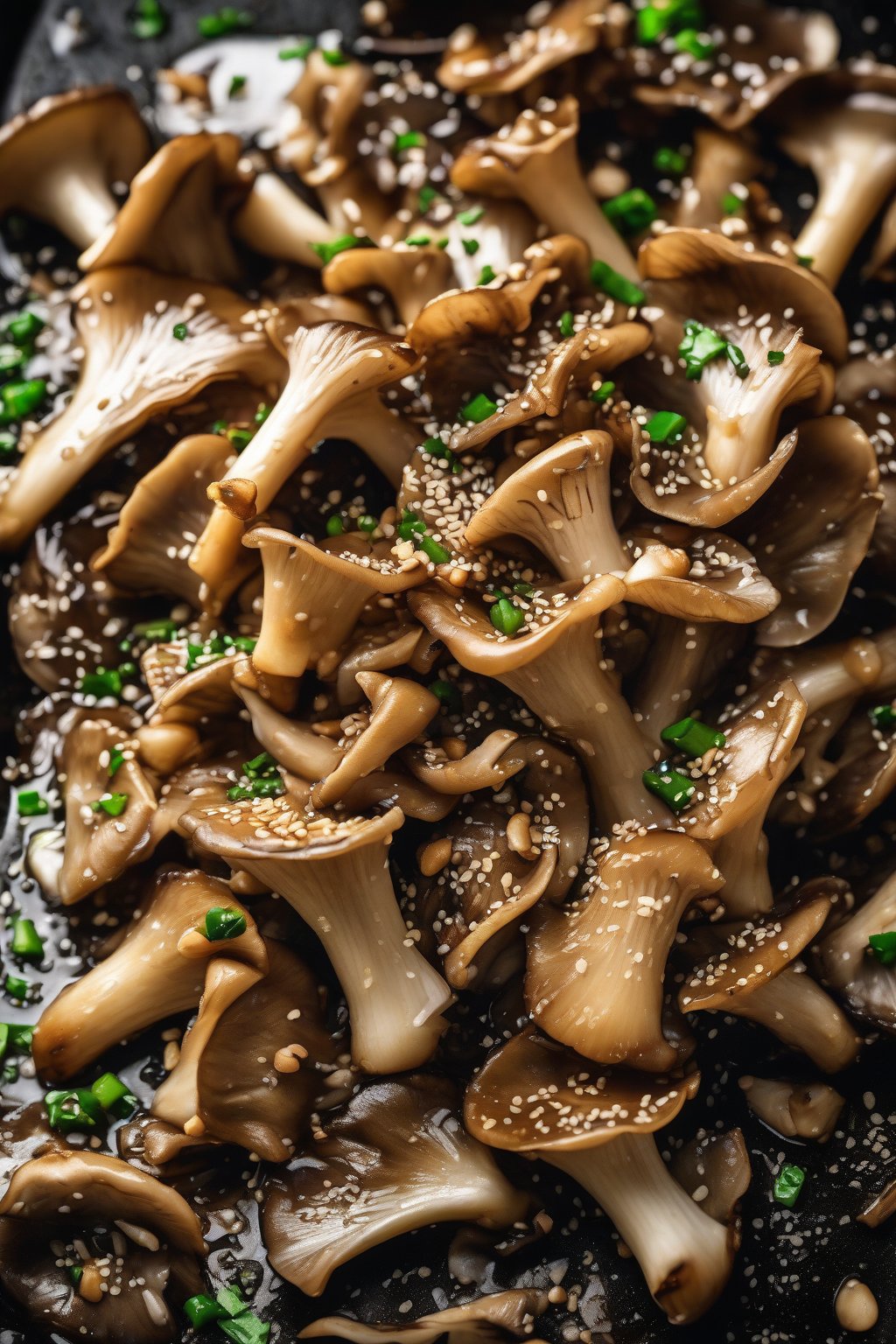 A high-resolution photo of nutty soy sesame sauteed oyster mushrooms sprinkled with sesame seeds under soft lighting.