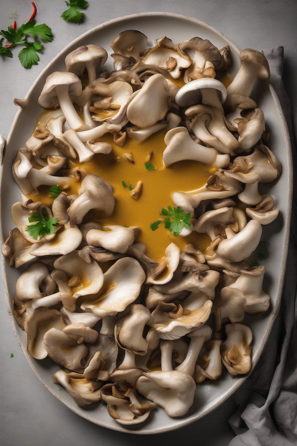 A high-resolution photo of creamy coconut sauteed oyster mushrooms with a golden curry hue under soft lighting.