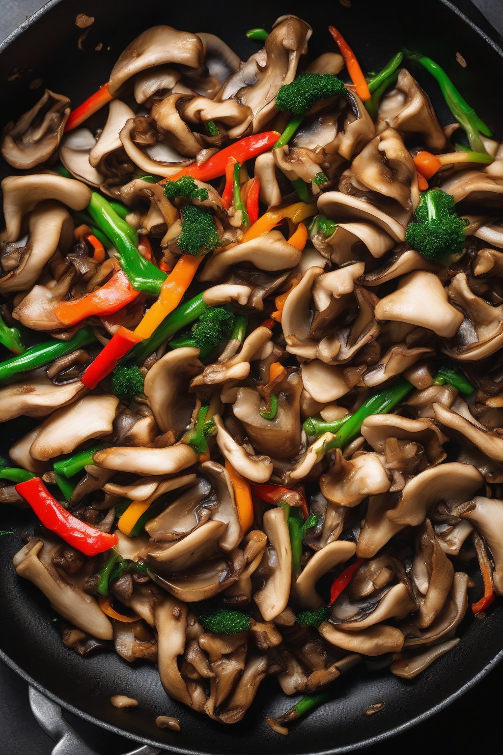 A high-resolution photo of vibrant veggie-packed sauteed oyster mushroom stir-fry in a wok under soft lighting.