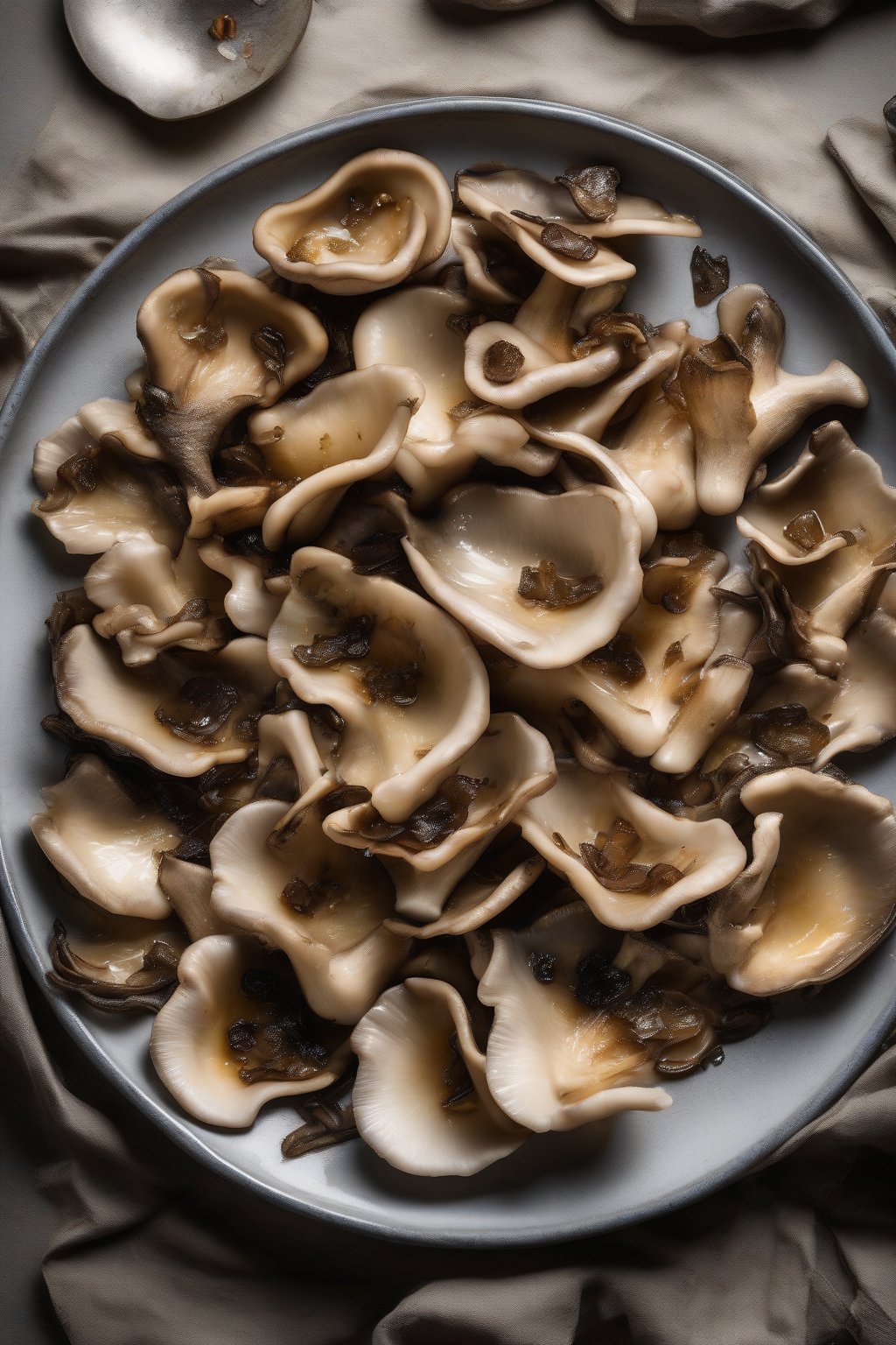 A high-resolution photo of elegant truffle oil sauteed oyster mushrooms with visible shimmers under soft lighting.