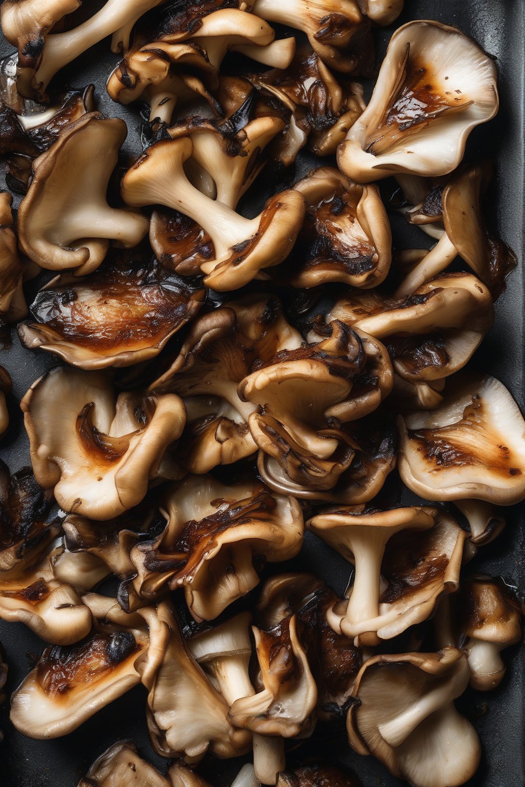 A high-resolution photo of smoky BBQ sauteed oyster mushrooms with charred edges under soft lighting.