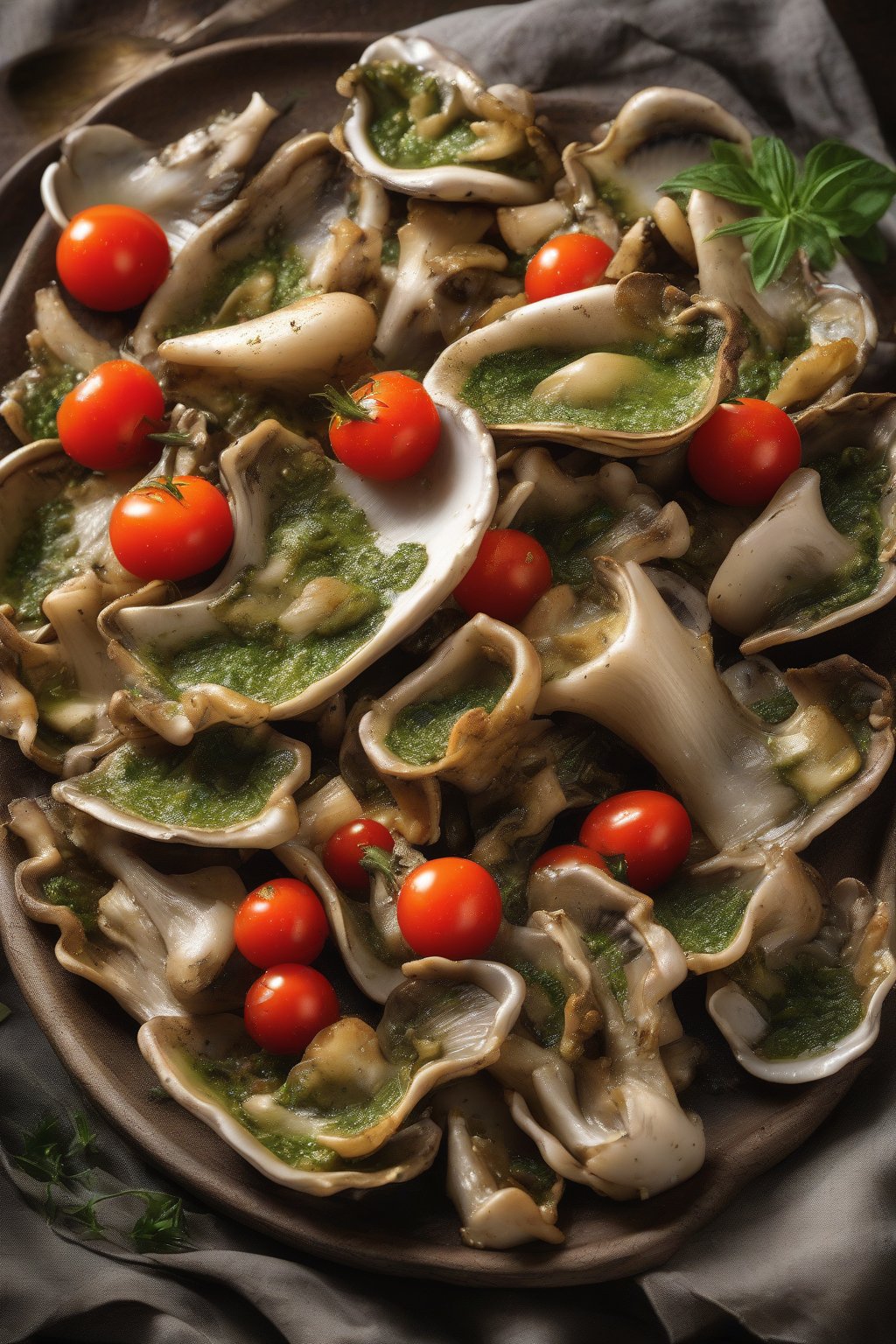 A high-resolution photo of green-flecked pesto sauteed oyster mushrooms with burst tomatoes under soft lighting.