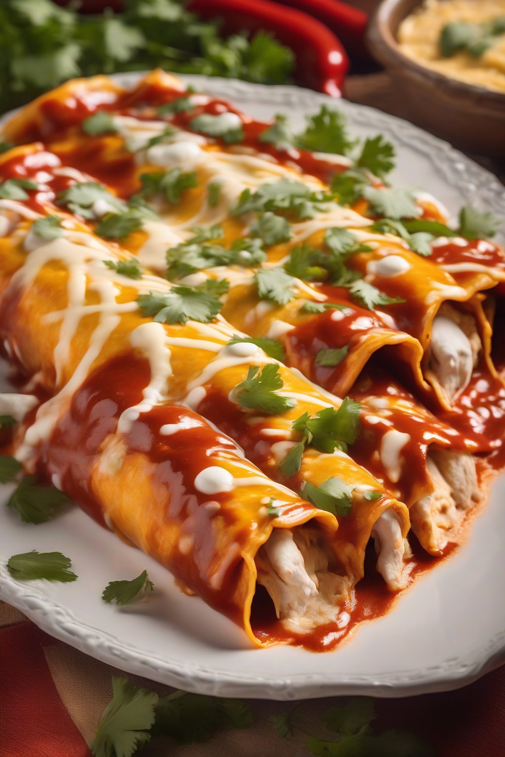 A high-resolution close-up photo of classic red chile chicken enchiladas, golden cheese bubbling over rolled tortillas in a rich red sauce, garnished with cilantro, under soft lighting.