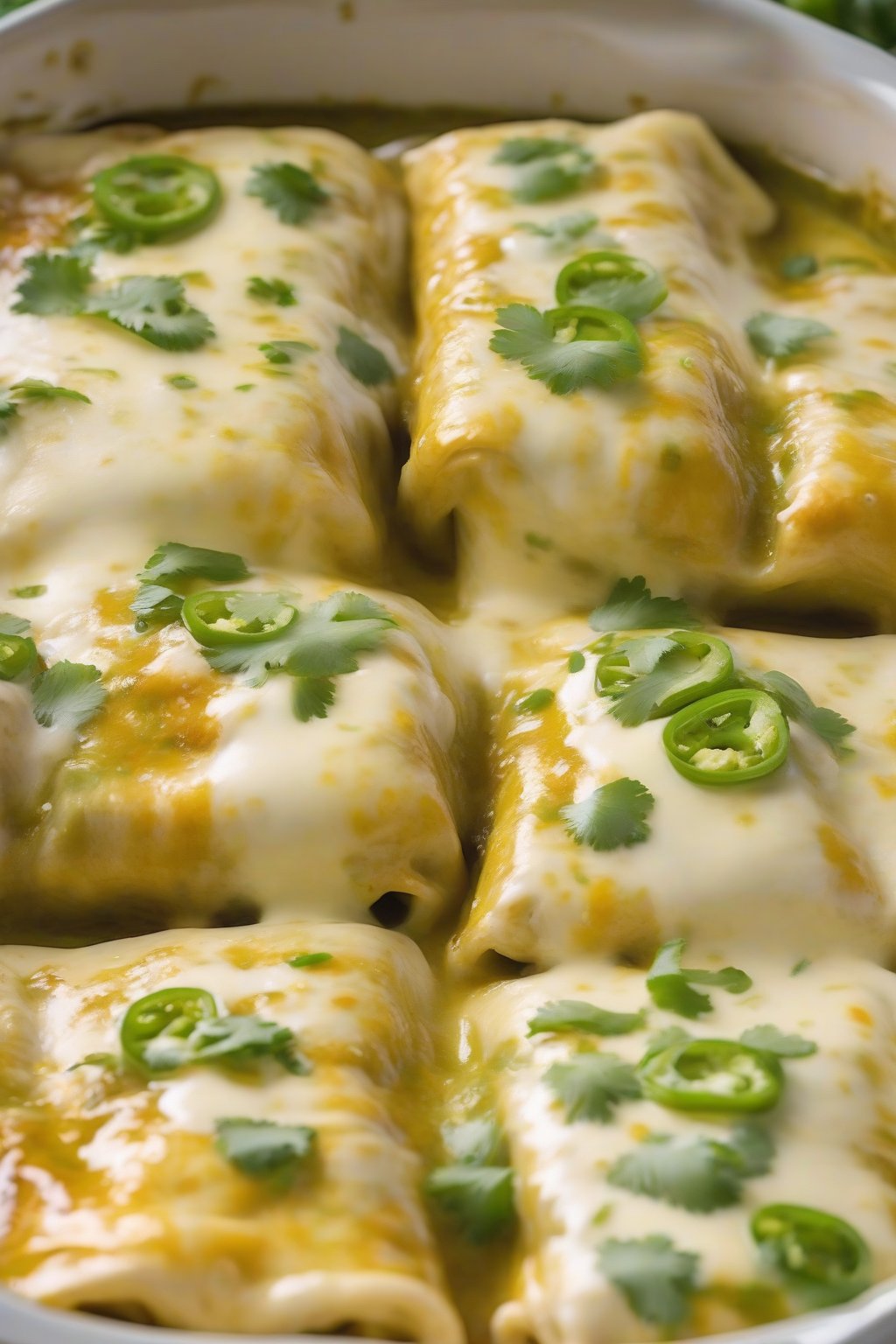 A high-resolution close-up photo of creamy green chile chicken enchiladas, saucy rolls topped with melted cheese and green flecks, steam rising, under soft lighting.