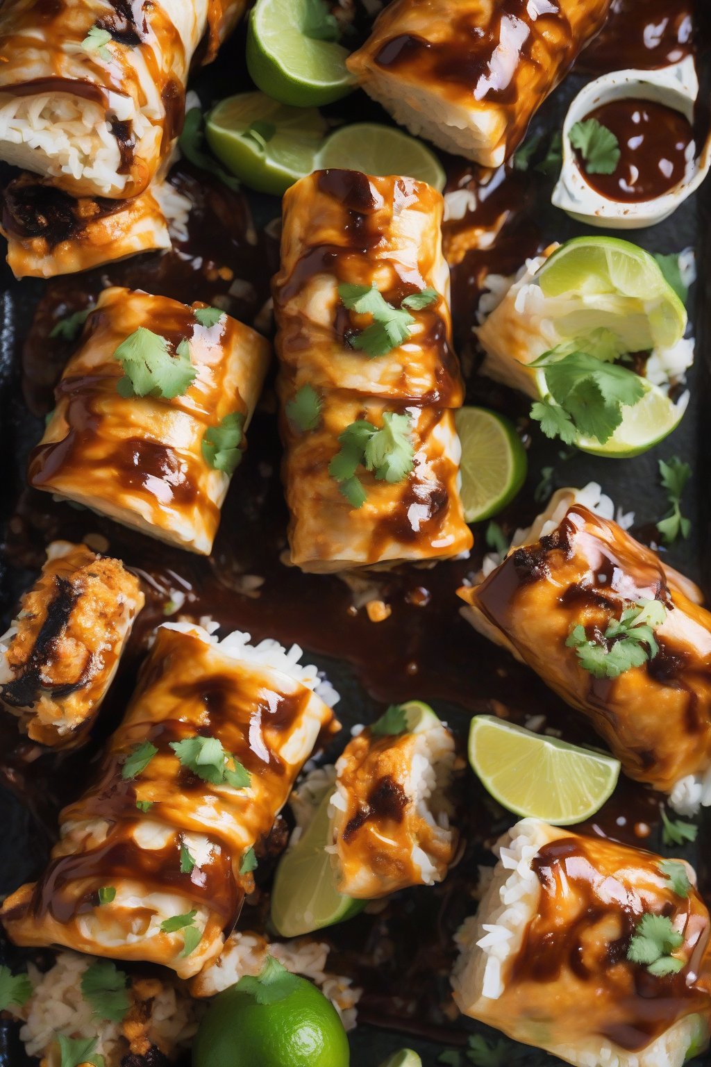 A high-resolution close-up photo of spicy chipotle chicken enchilada rolls, dark saucy glaze with charred flecks over neat rolls, lime wedge nearby, under soft lighting.