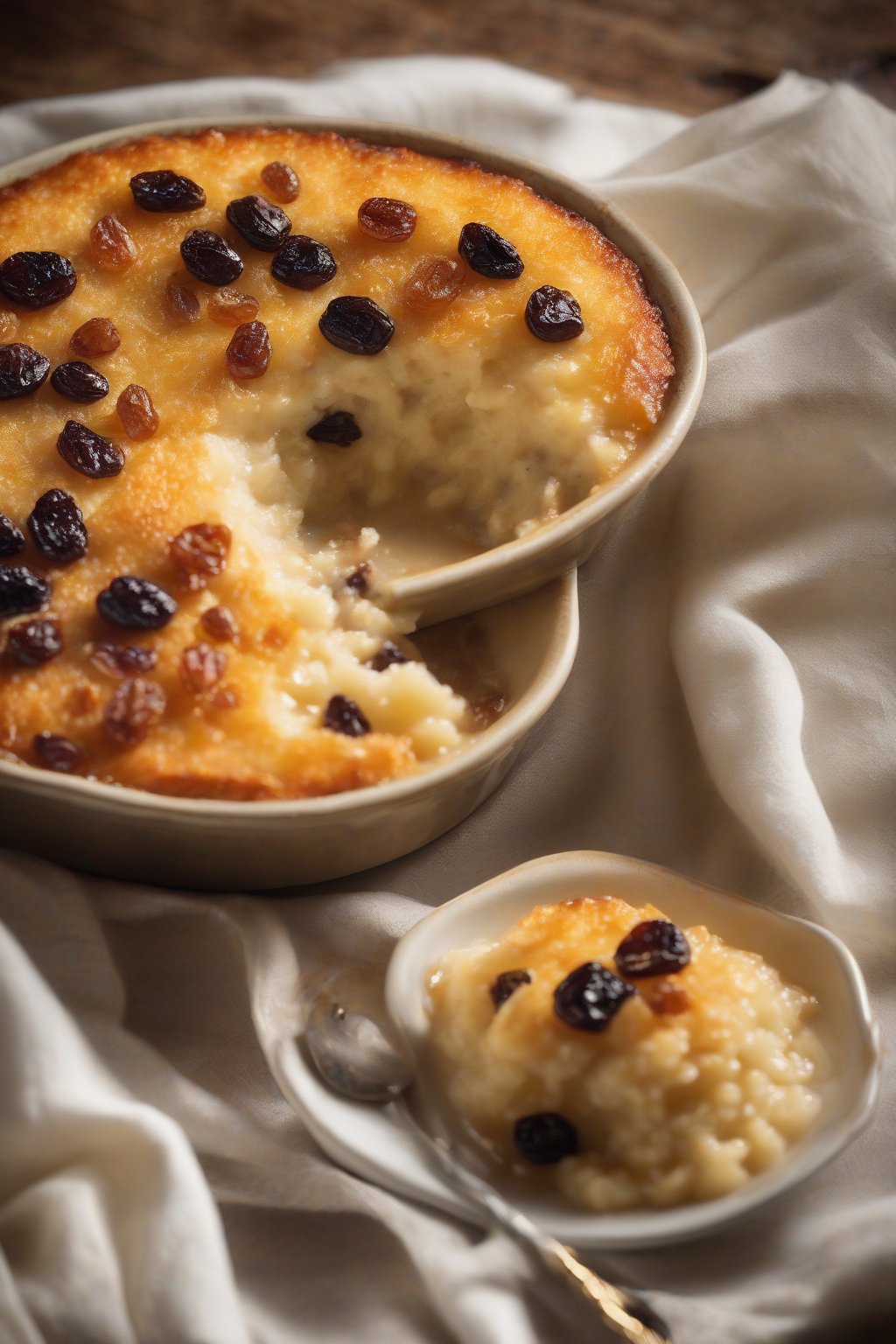A high-resolution close-up photo of baked rice pudding with rum raisins and a golden crust, under soft lighting.