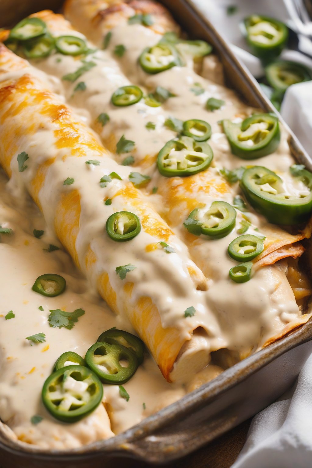 A high-resolution close-up photo of cheesy white sauce chicken enchiladas, creamy white sauce oozing between golden rolls, jalapeño slices on top, under soft lighting.