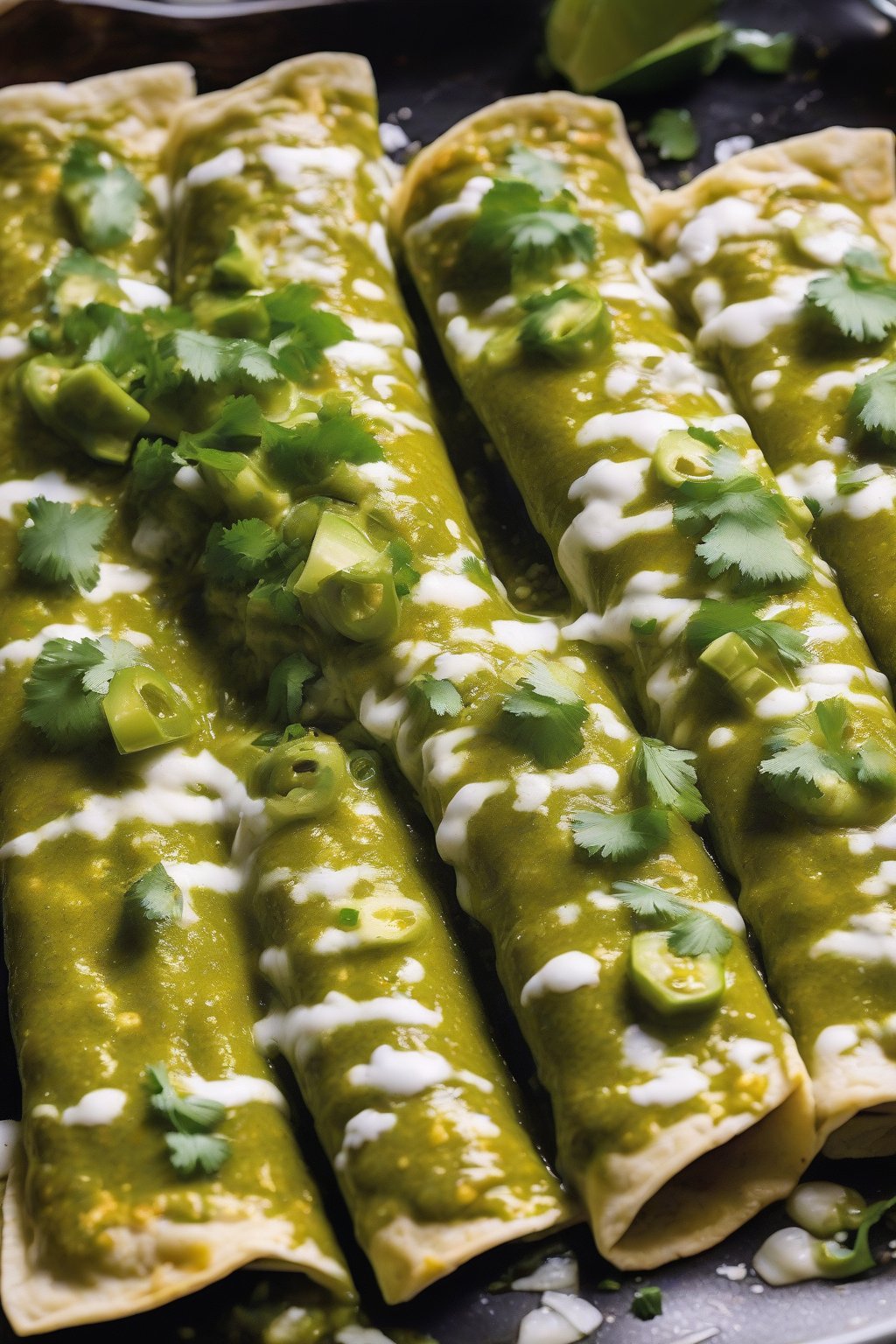 A high-resolution close-up photo of tangy tomatillo salsa verde enchiladas, vibrant green sauce coating rolled tortillas with crumbled cheese, under soft lighting.