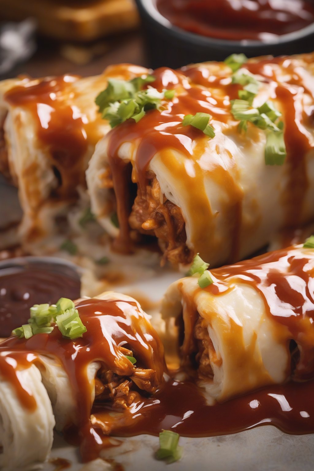 A high-resolution close-up photo of BBQ pulled chicken enchilada rolls, sticky reddish sauce glistening on cheese-topped rolls, under soft lighting.