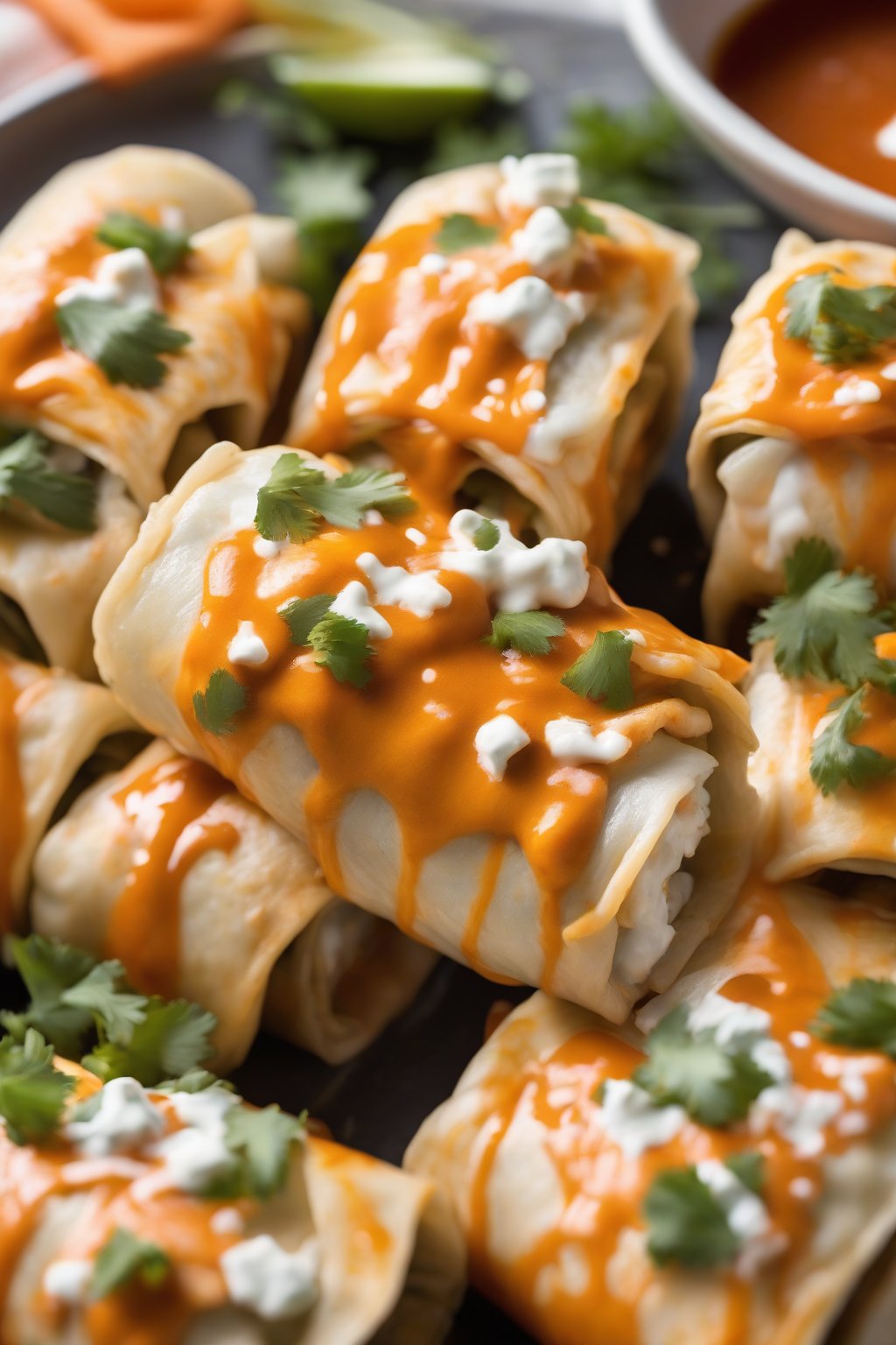 A high-resolution close-up photo of buffalo chicken enchilada rolls, fiery orange sauce with blue cheese dollops over crisp edges, under soft lighting.