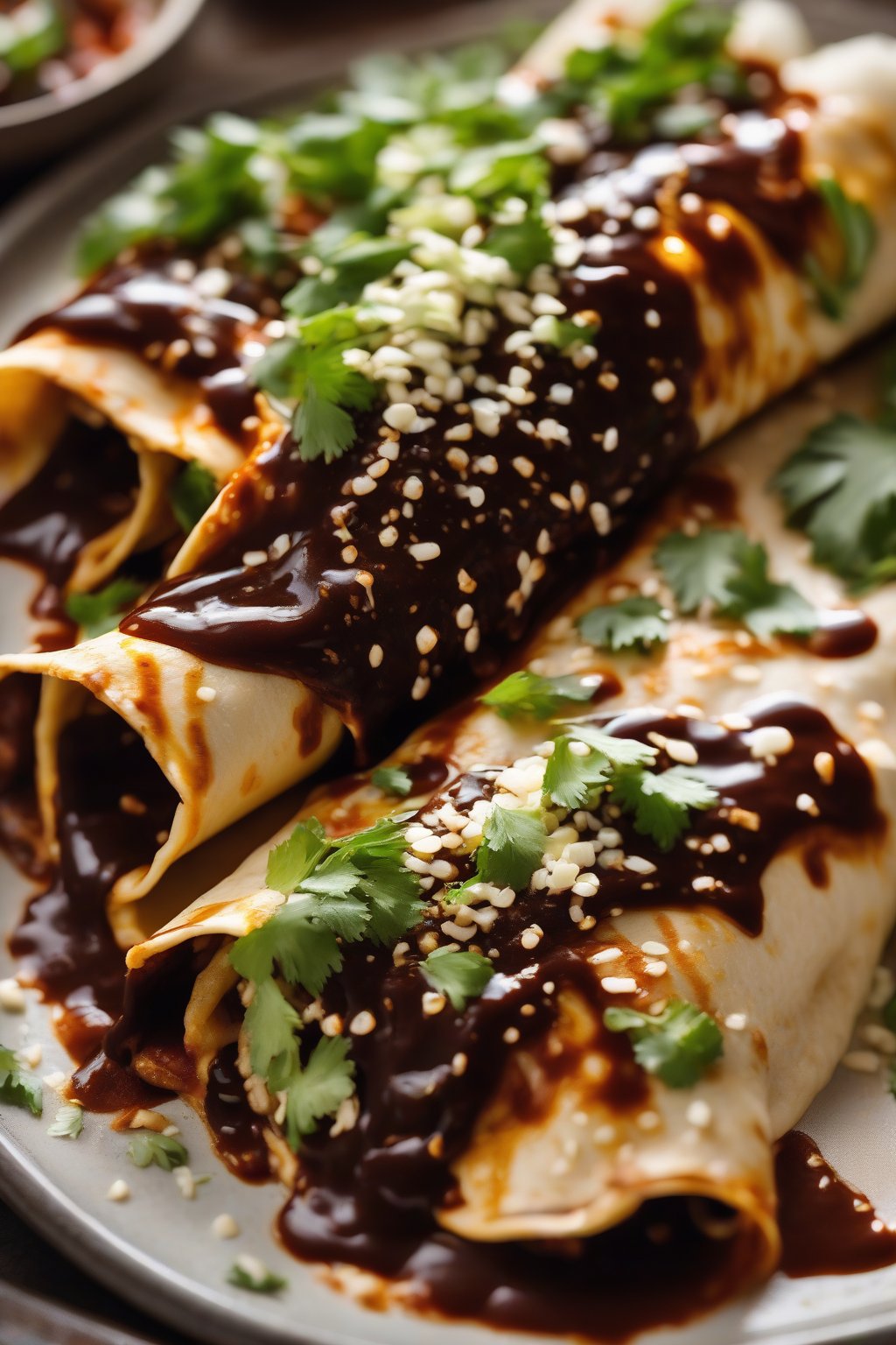 A high-resolution close-up photo of mole-style chicken enchiladas, dark glossy sauce with sesame sprinkle on rolled tortillas, under soft lighting.
