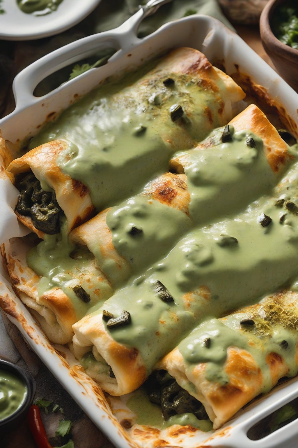 A high-resolution close-up photo of roasted poblano cream enchiladas, pale green sauce with charred pepper bits over cheesy rolls, under soft lighting.