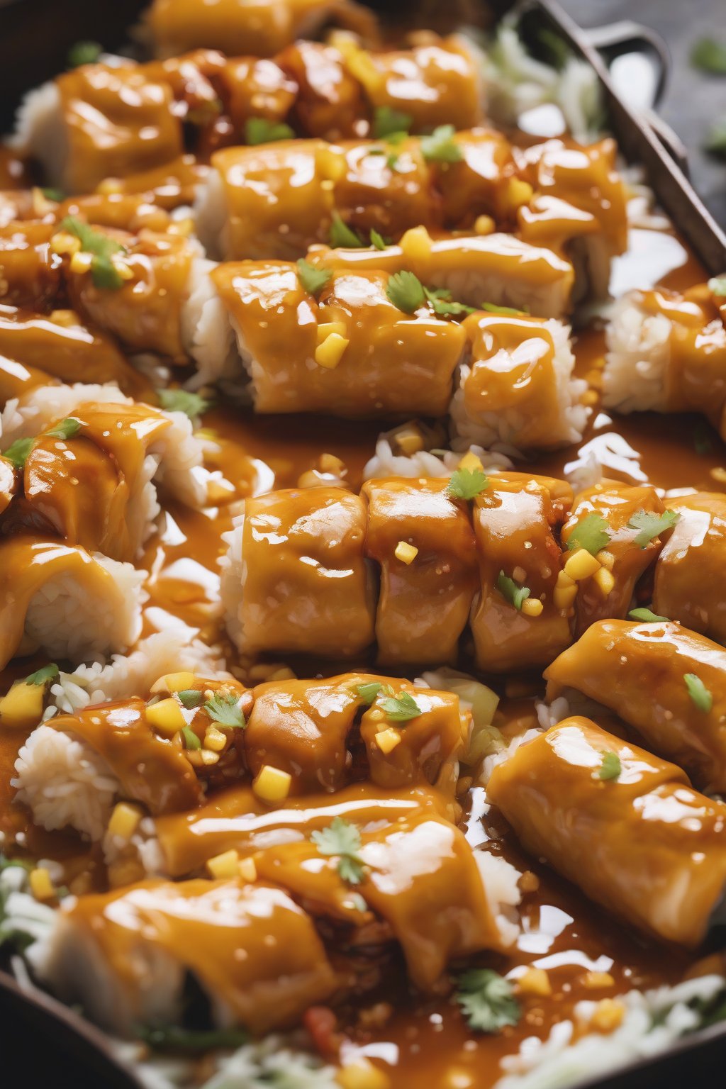 A high-resolution close-up photo of sweet-spicy pineapple chicken rolls, golden sauce with pineapple bits peeking from rolls, under soft lighting.