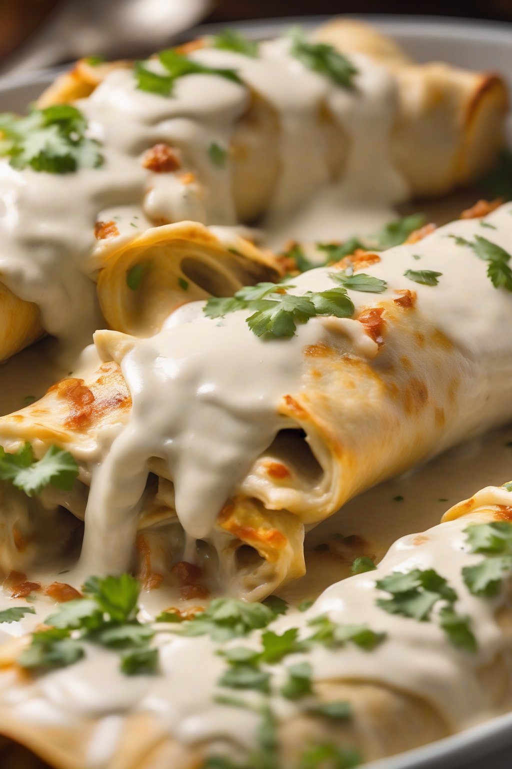 A high-resolution close-up photo of truffle-infused creamy chicken enchiladas, luxurious white sauce shimmering on elegant rolls, under soft lighting.