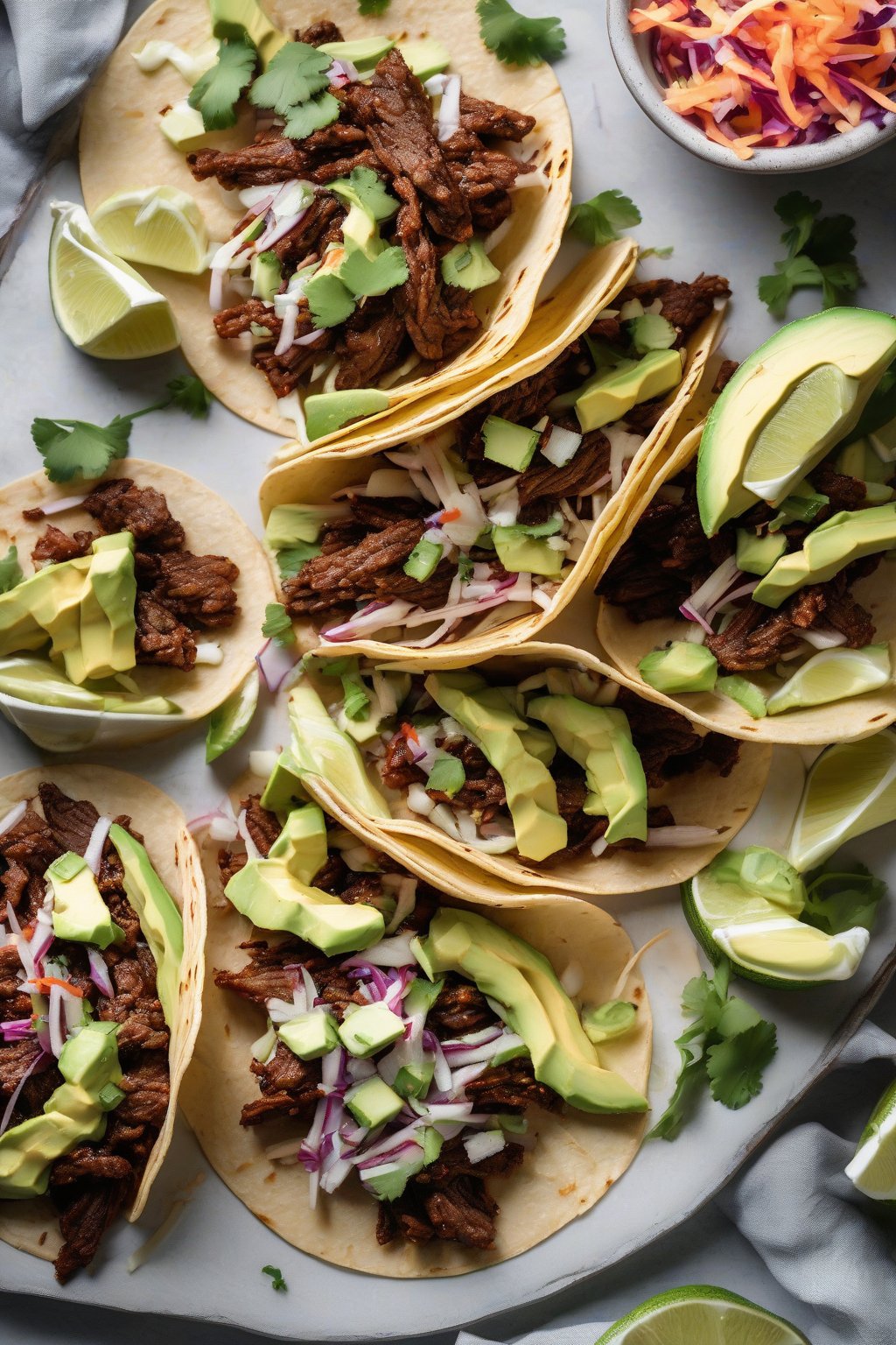 A high-resolution photo of crispy beef tacos topped with fresh lime slaw and avocado slices under soft lighting.