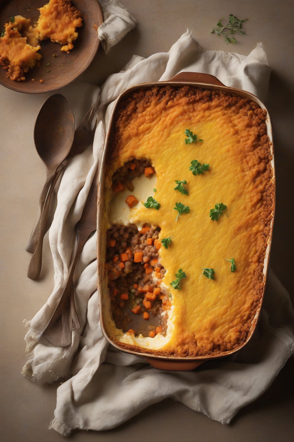 A high-resolution photo of a bubbling shepherd's pie with golden sweet potato crust under soft lighting.