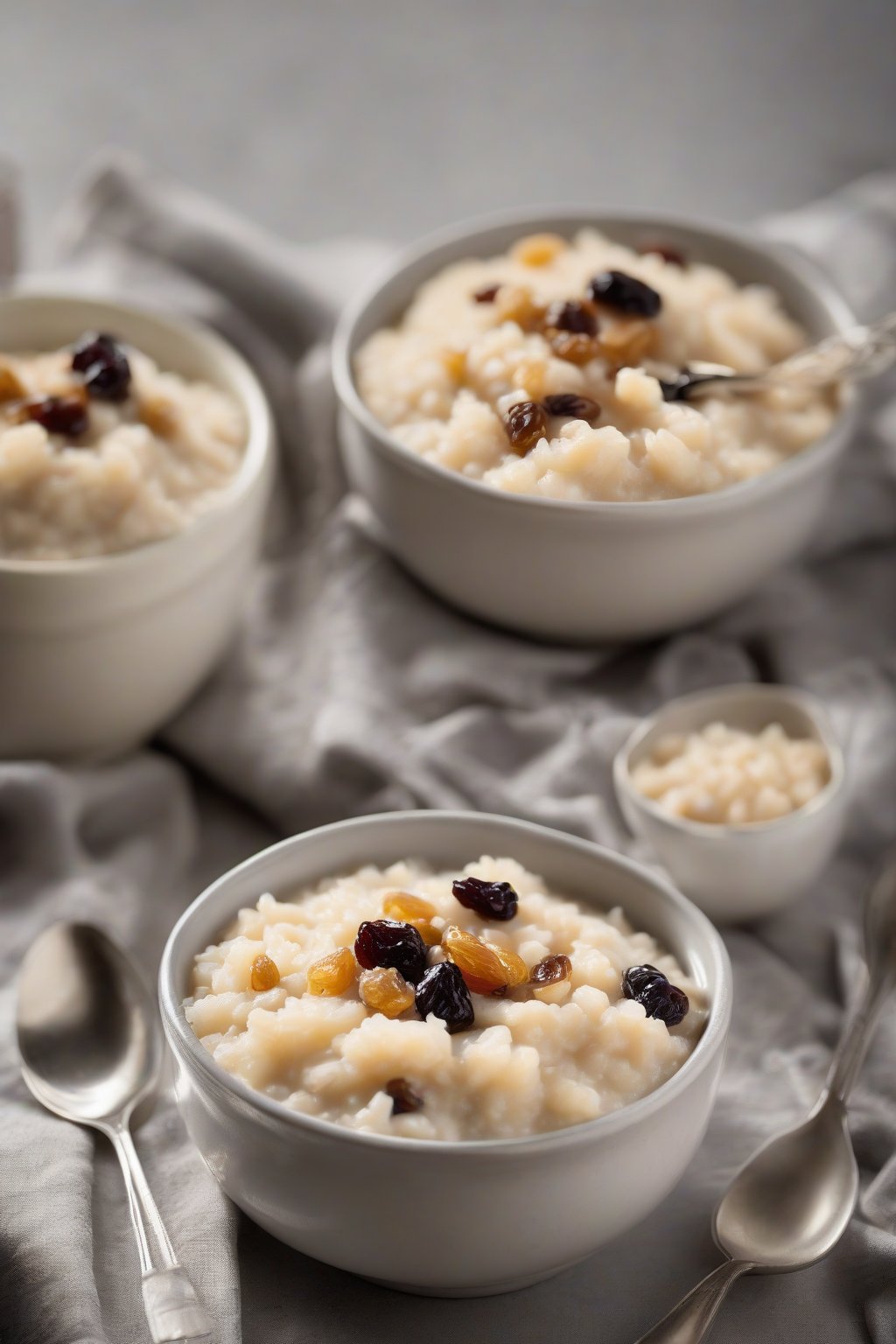 A high-resolution photo of slow cooker rice pudding brimming with raisins, spooned into a bowl under soft lighting.