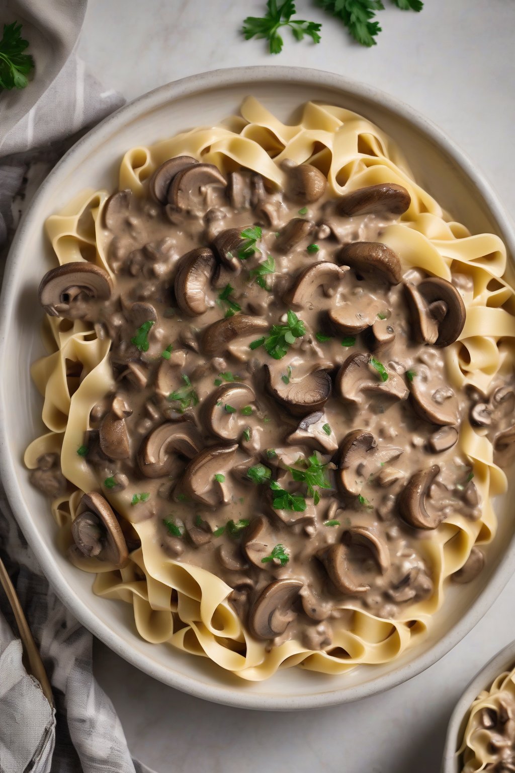 A high-resolution photo of creamy beef stroganoff with mushrooms served over steaming egg noodles under soft lighting.