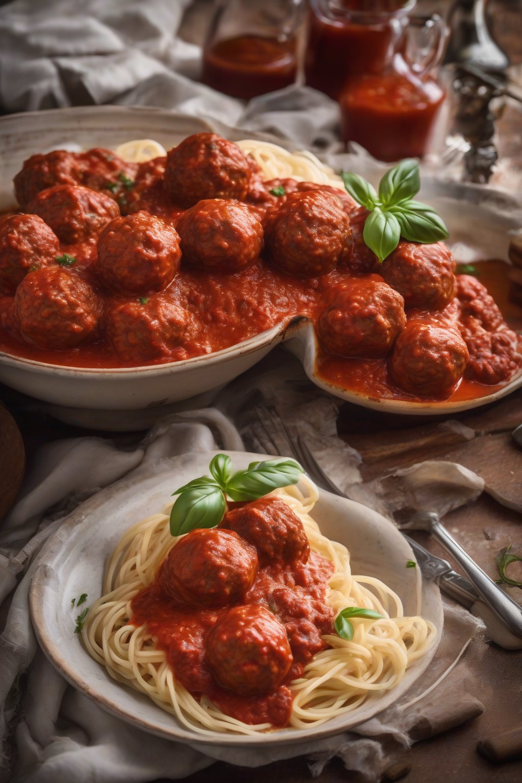 A high-resolution photo of plump Italian meatballs smothered in red marinara sauce under soft lighting.