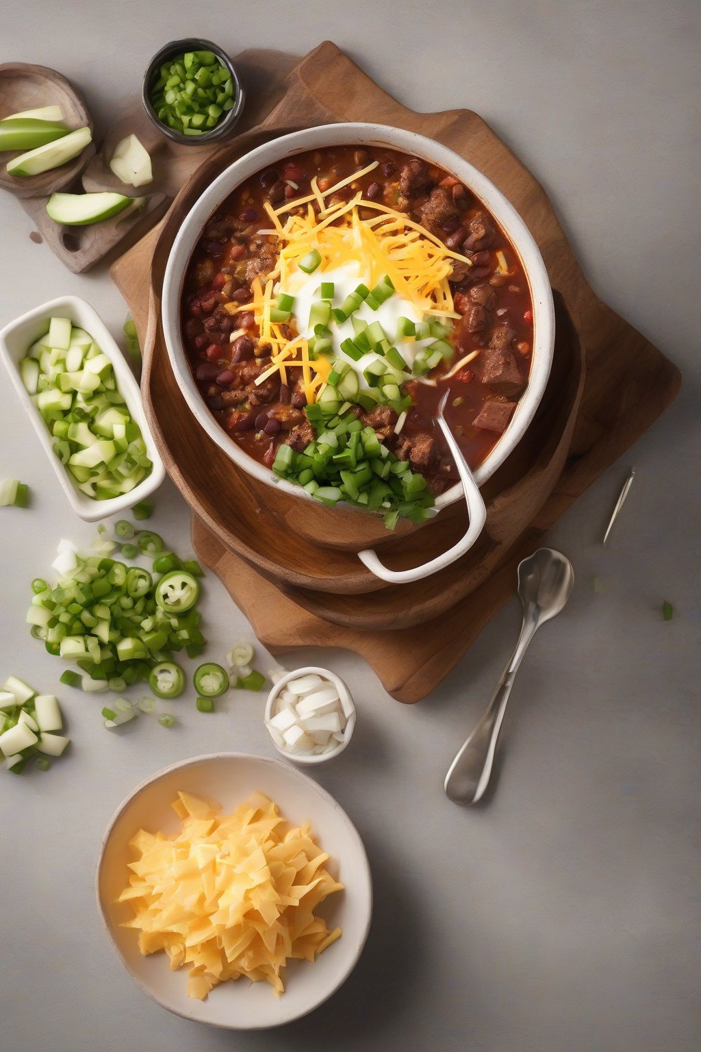 A high-resolution photo of a steaming bowl of chunky beef chili topped with cheese and green onions under soft lighting.