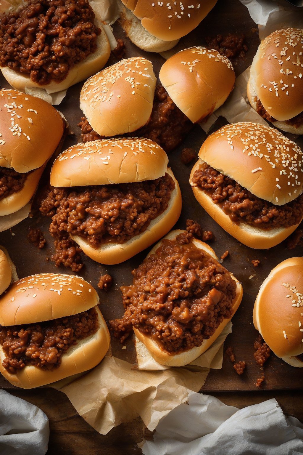 A high-resolution photo of messy sloppy joes overflowing from toasted buns under soft lighting.