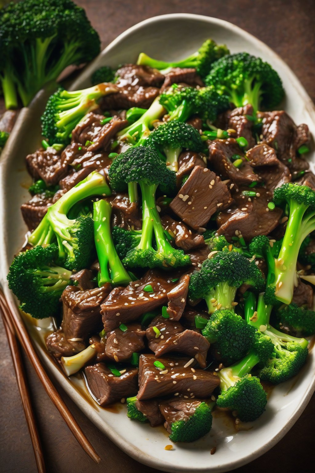 A high-resolution photo of glossy beef and broccoli stir-fry with vibrant green florets under soft lighting.
