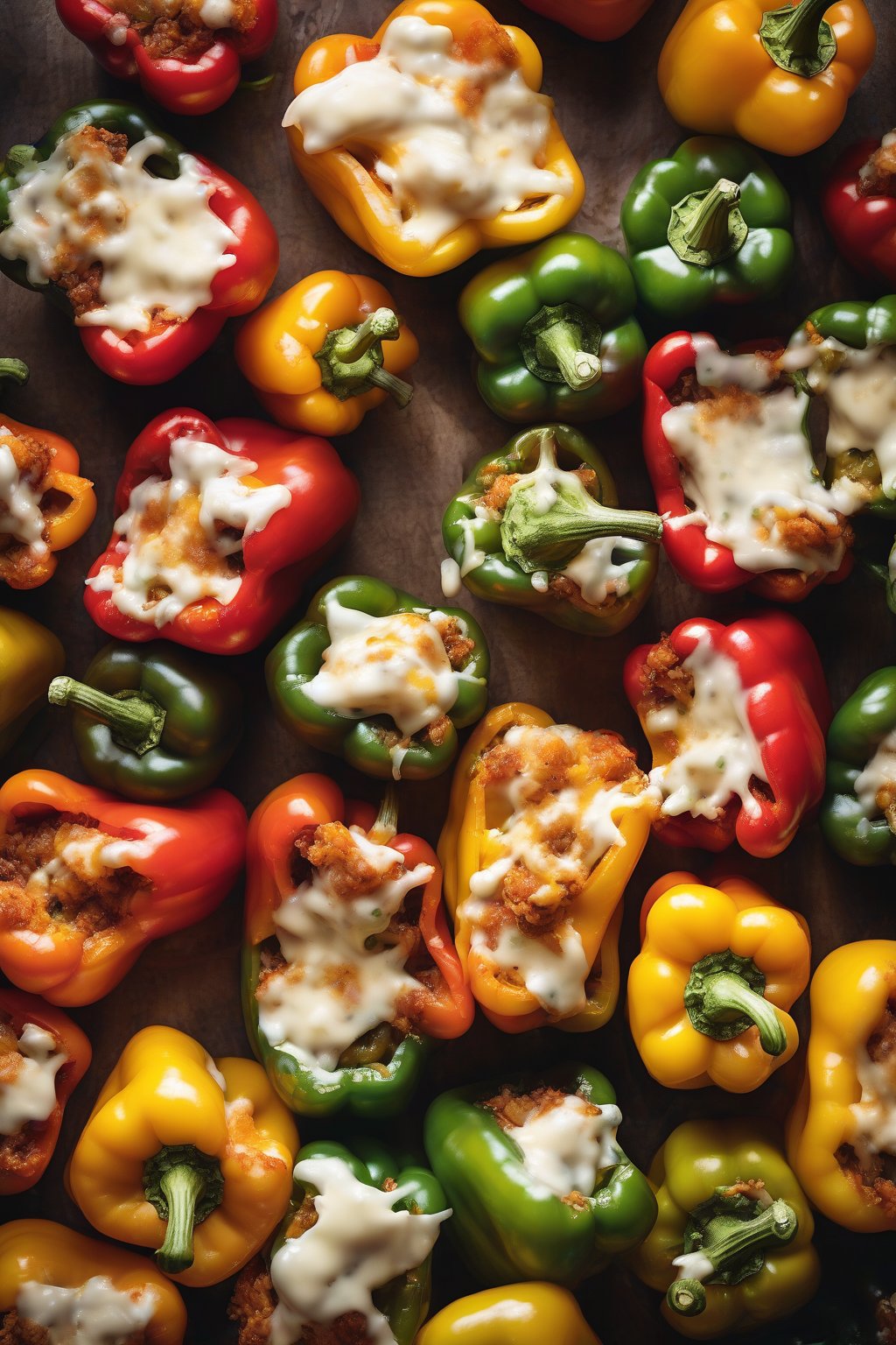 A high-resolution photo of colorful stuffed bell peppers oozing melted cheese under soft lighting.