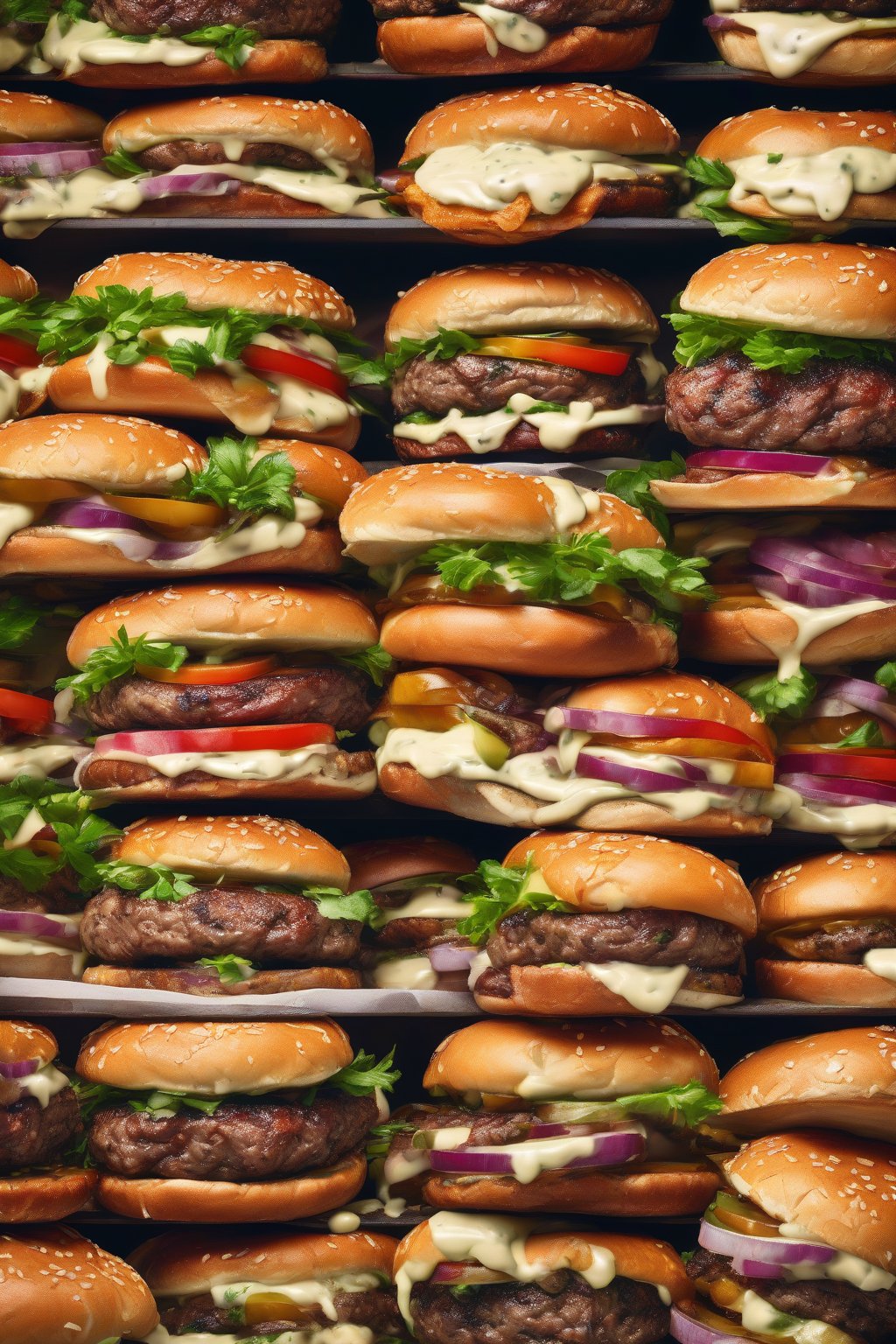 A high-resolution photo of stacked gourmet beef burgers with fresh toppings and herb aioli under soft lighting.