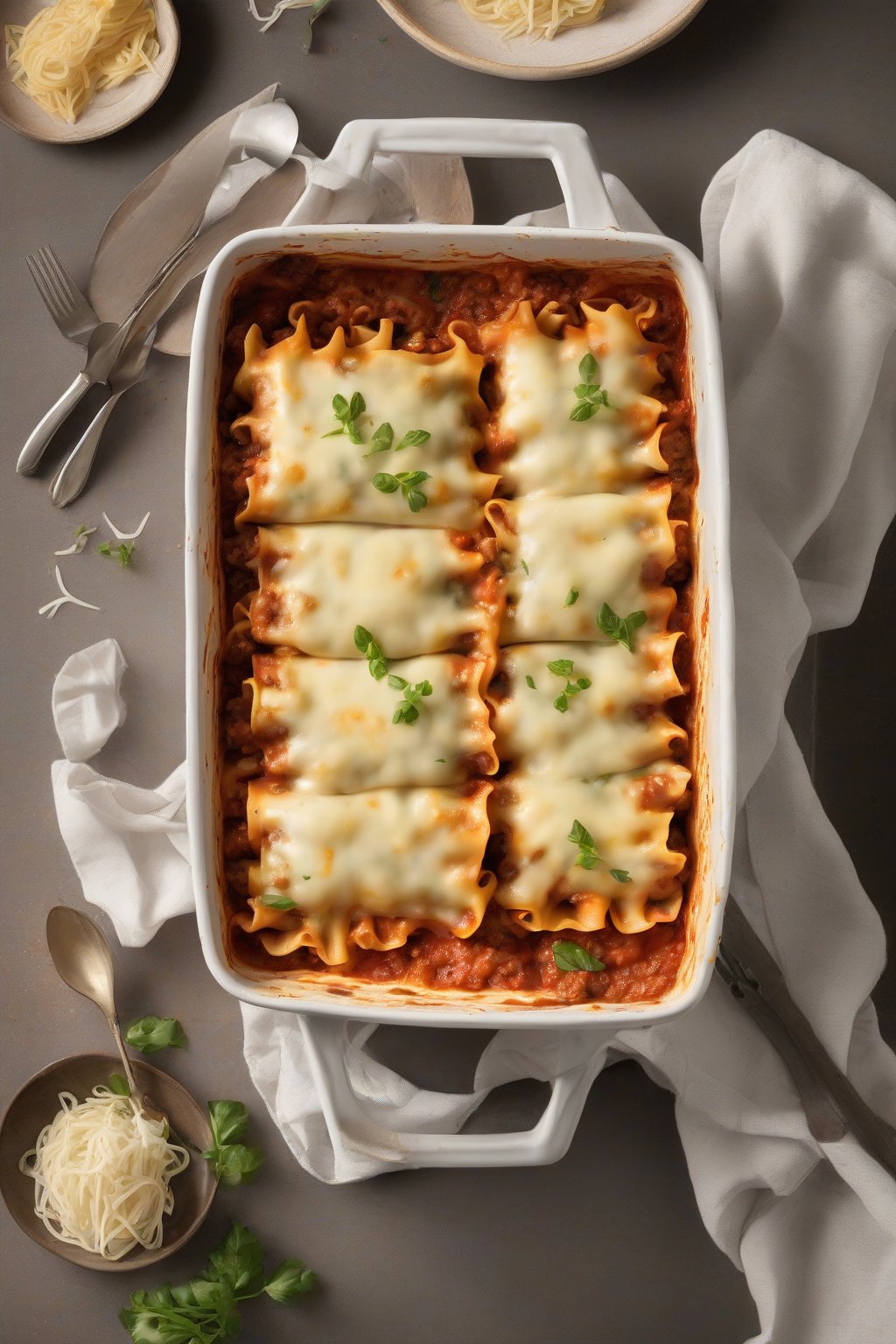 A high-resolution photo of cheesy beef lasagna rolls in a baking dish under soft lighting.