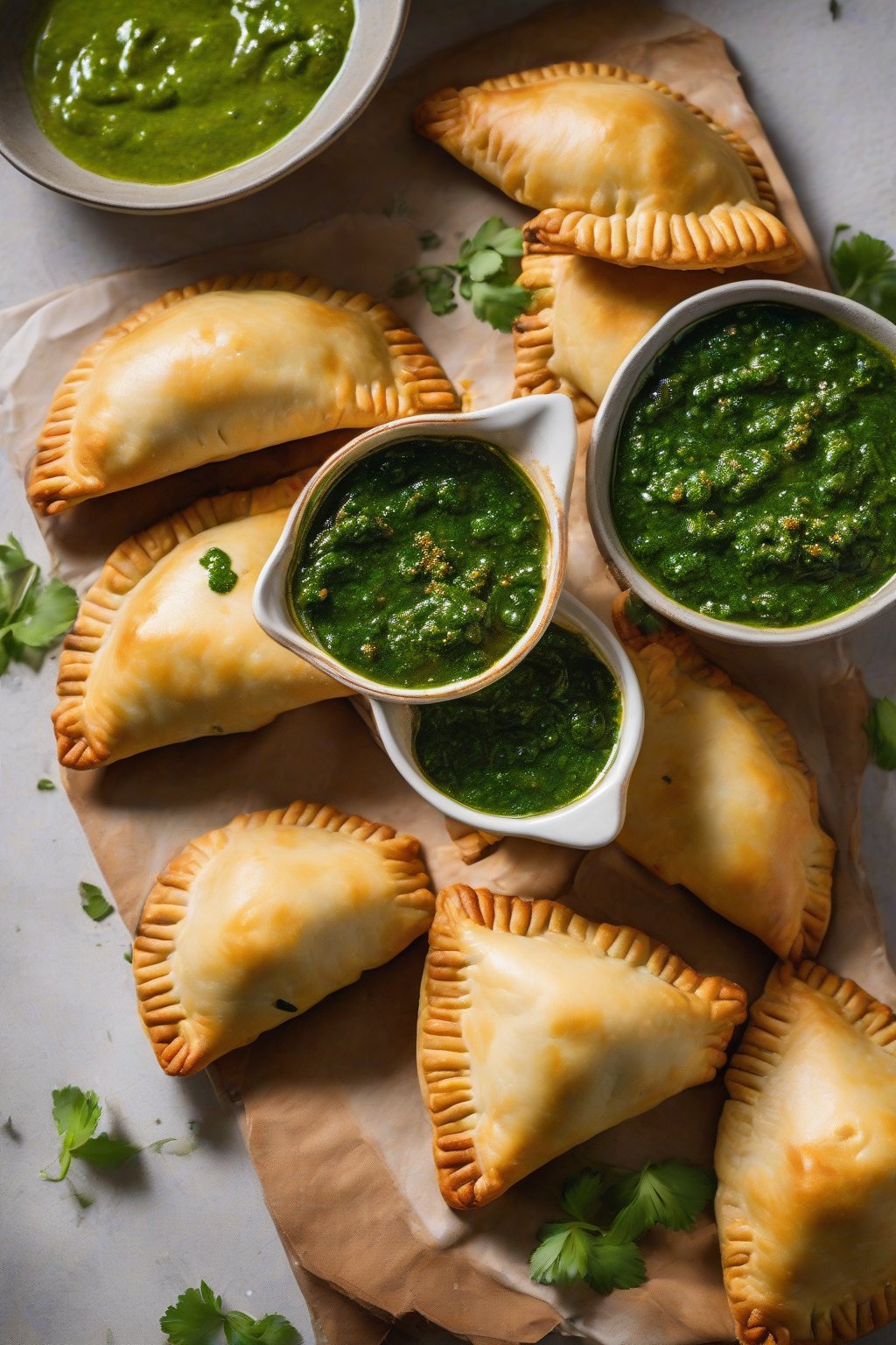 A high-resolution photo of golden crispy beef empanadas with vibrant green chimichurri under soft lighting.