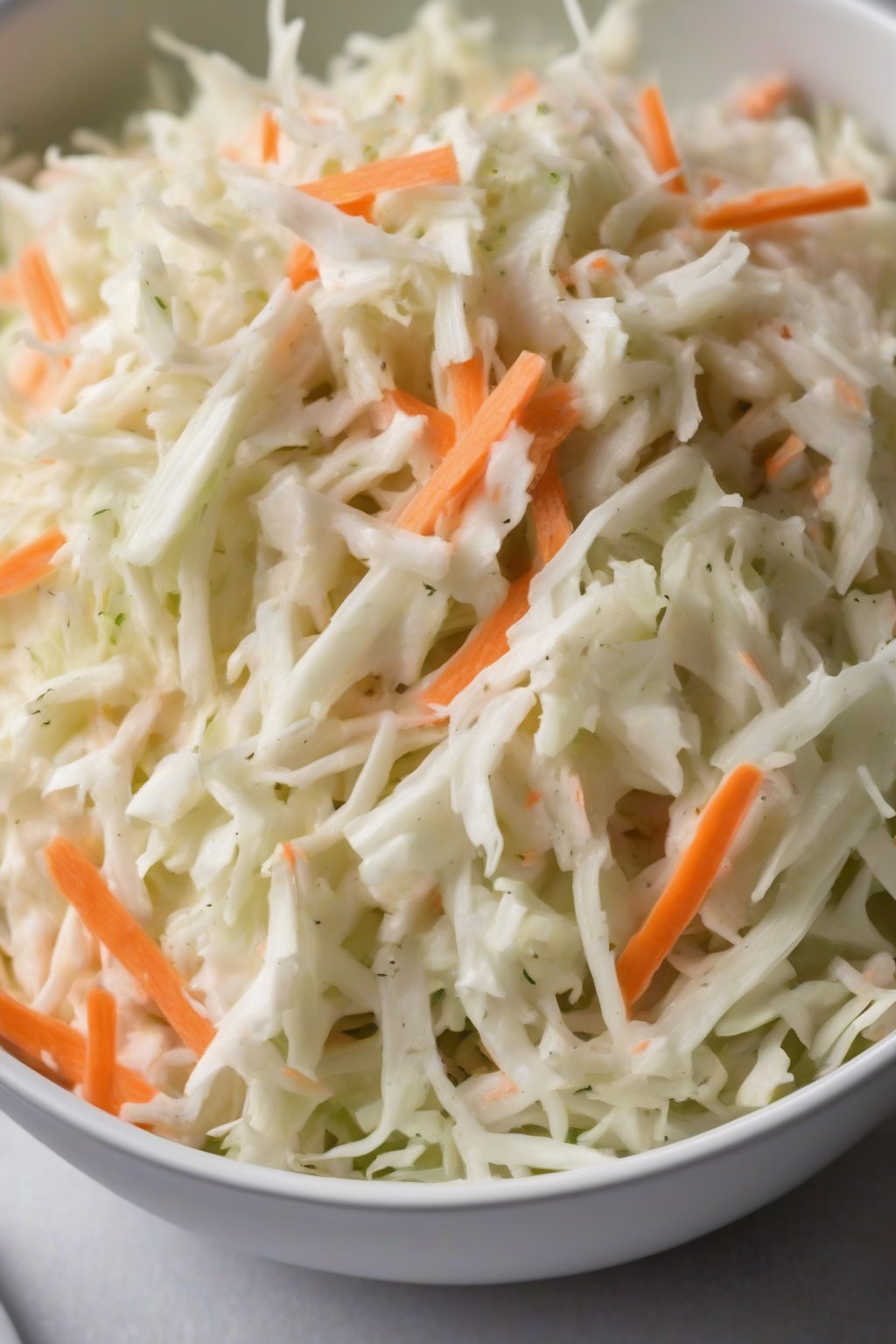 A close-up photo of classic creamy KFC-style coleslaw in a white bowl, with shreds of cabbage and carrot visible, under soft lighting.