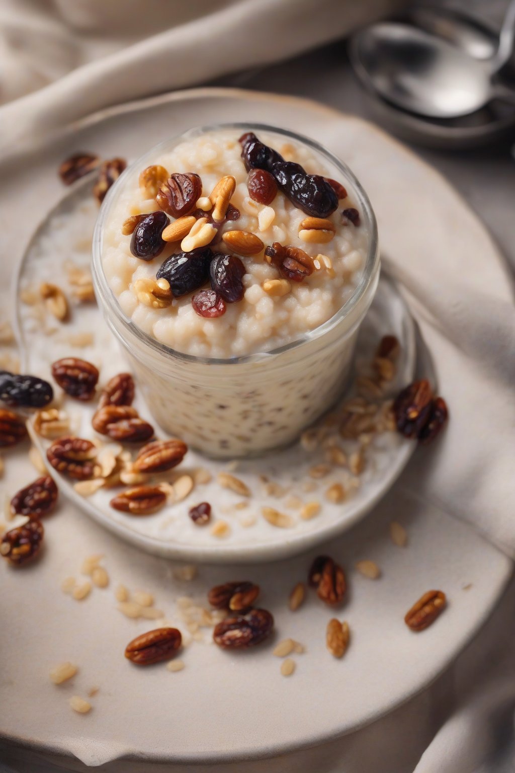 A high-resolution close-up photo of vegan rice pudding topped with raisins and nuts, under soft lighting.