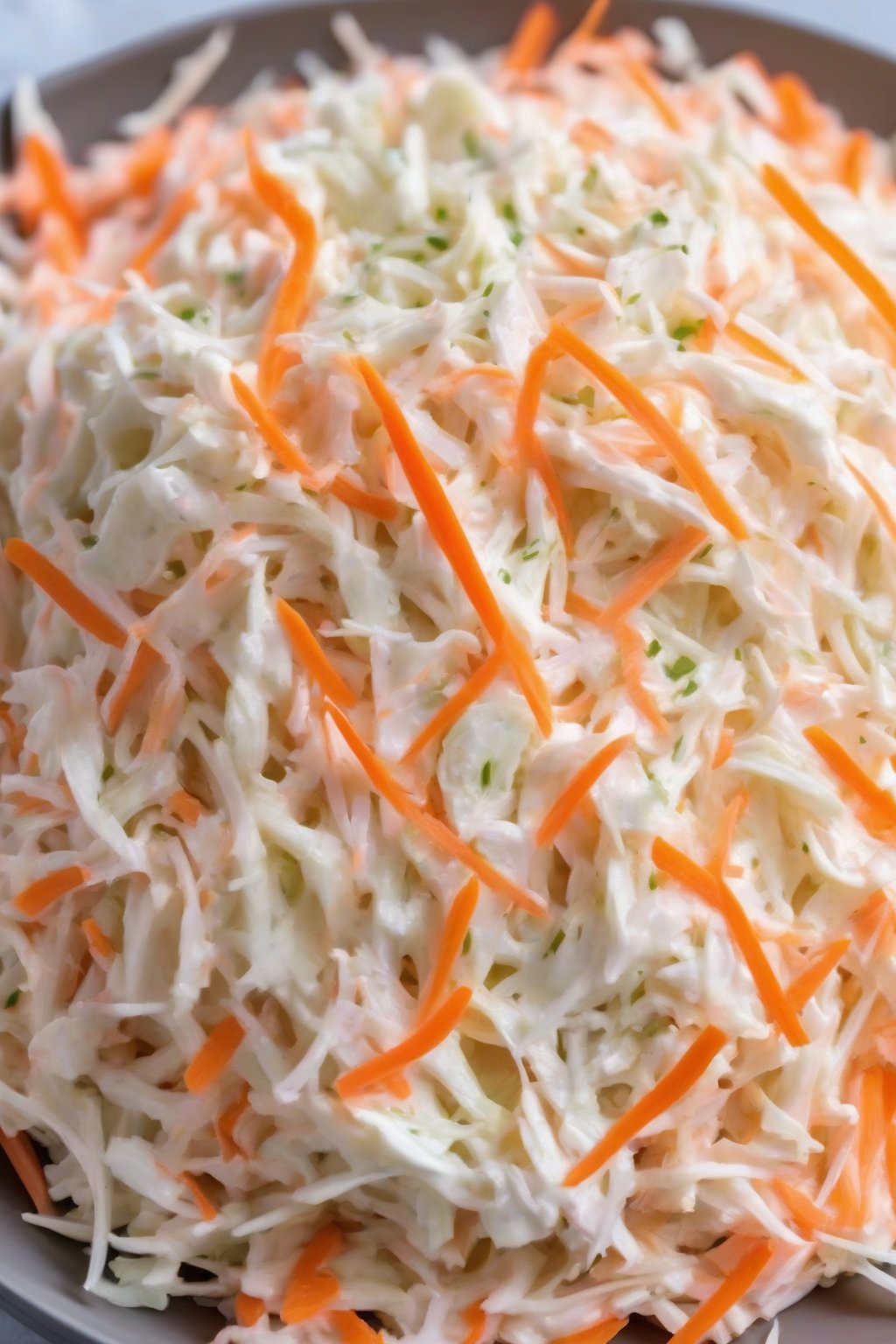 A close-up photo of tangy Miracle Whip coleslaw glistening with dressing, topped with fresh carrot shreds, under soft lighting.