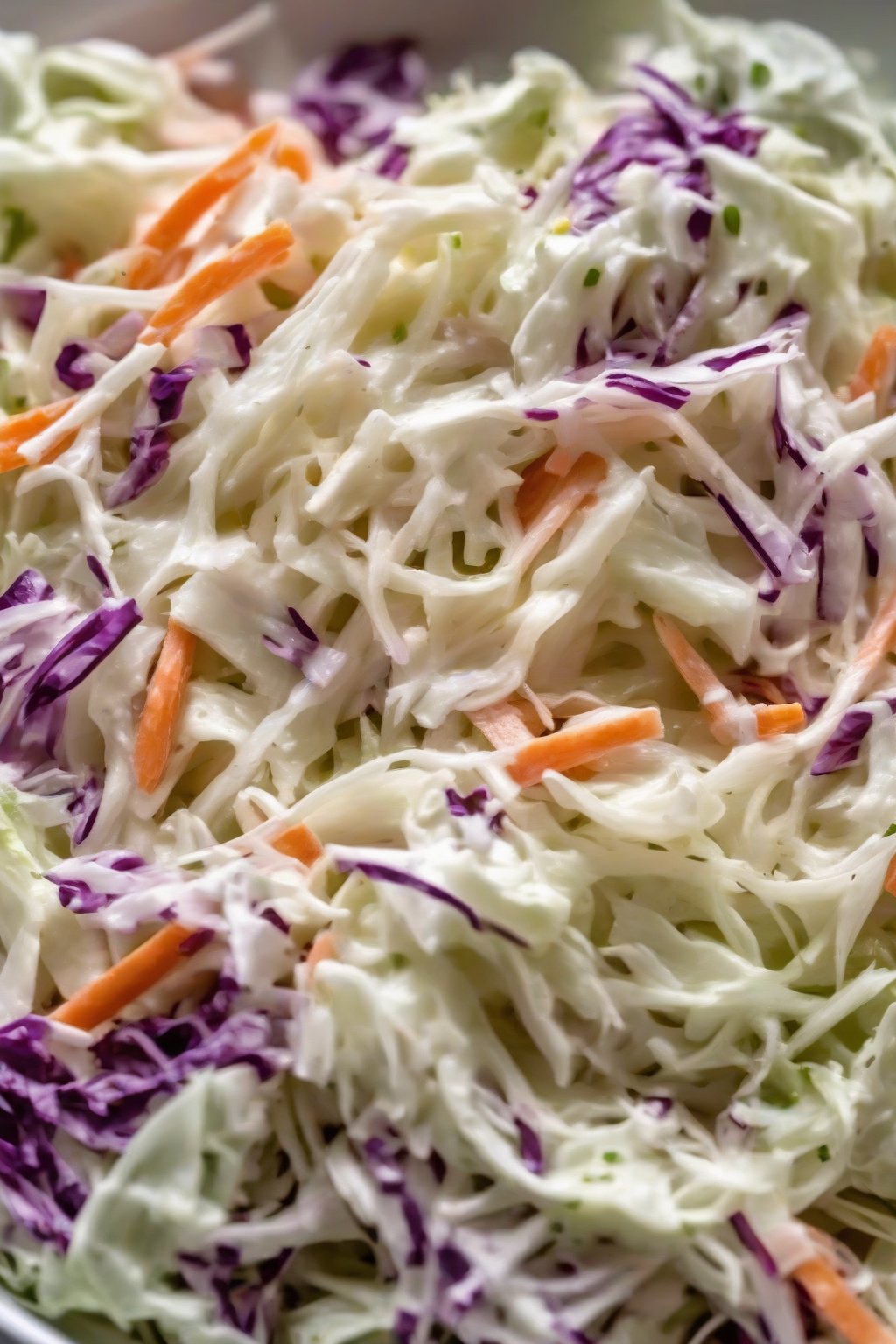 A close-up photo of buttermilk coleslaw with a silky texture, cabbage glistening, under soft lighting.