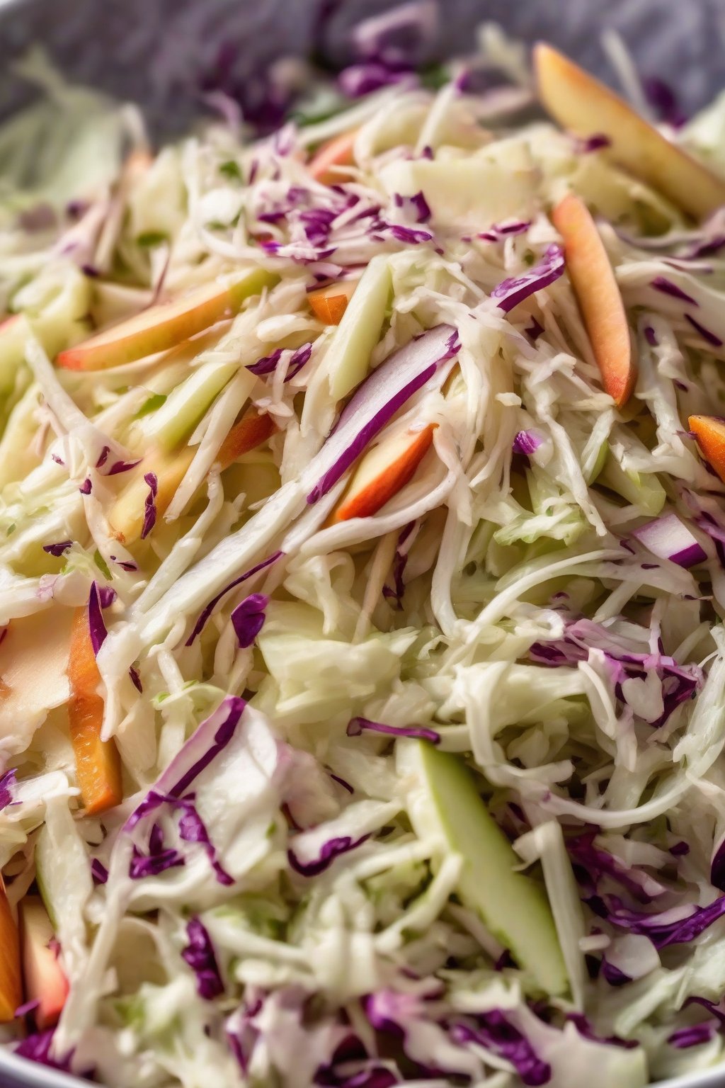 A close-up photo of vibrant apple cider vinegar coleslaw with visible apple flecks, under soft lighting.