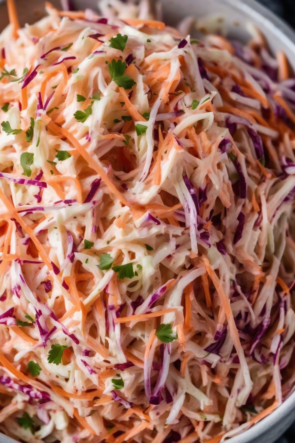 A close-up photo of spicy sriracha coleslaw with red flecks, creamy and inviting, under soft lighting.