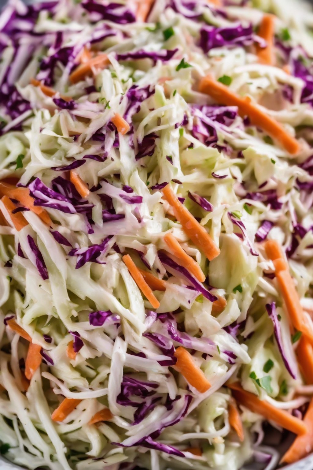 A close-up photo of sugar-free coleslaw piled high, fresh and crisp, under soft lighting.