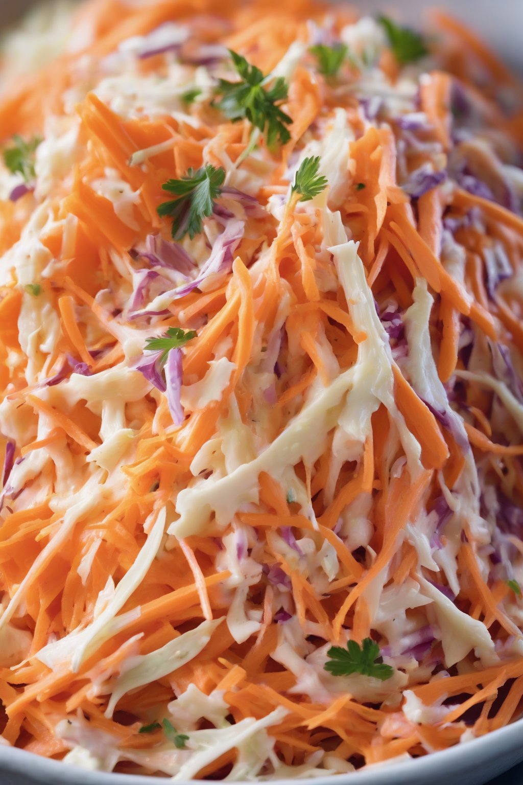 A close-up photo of carrot-heavy coleslaw bursting with orange shreds in creamy sauce, under soft lighting.
