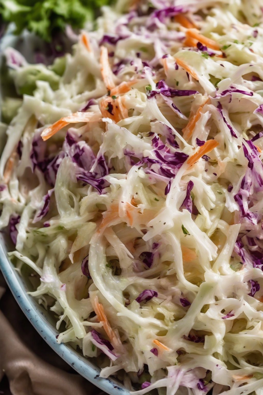 A close-up photo of onion-flecked coleslaw with glossy dressing, under soft lighting.