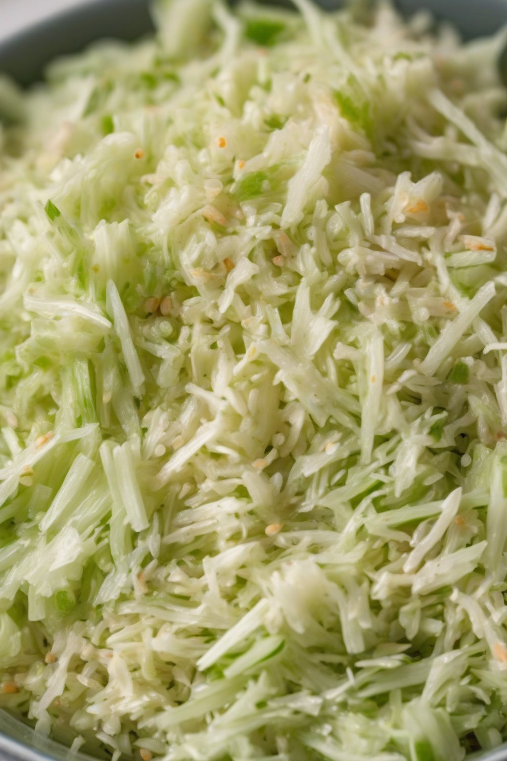 A close-up photo of celery seed-dotted coleslaw, aromatic and creamy, under soft lighting.
