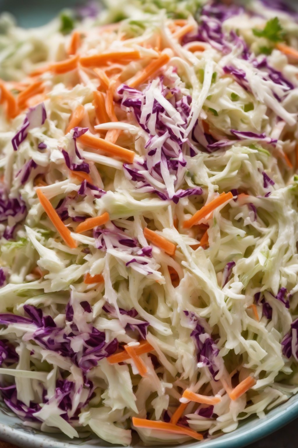 A close-up photo of quick coleslaw fresh from the fridge, vibrant and textured, under soft lighting.