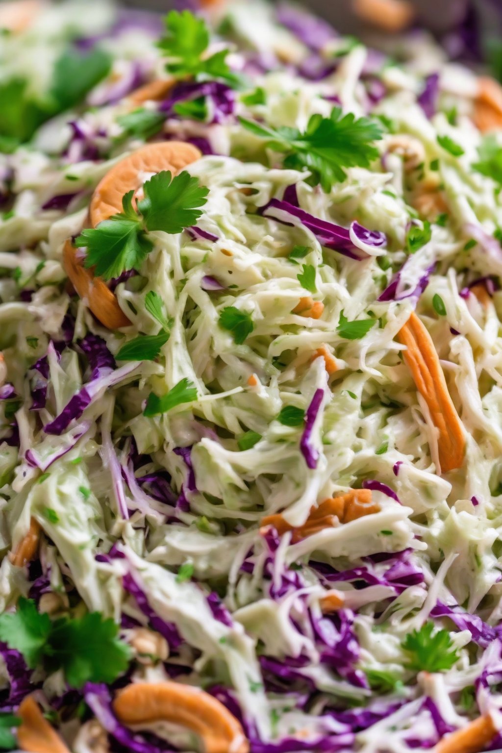 A close-up photo of vegan cashew coleslaw smooth and lush green, under soft lighting.